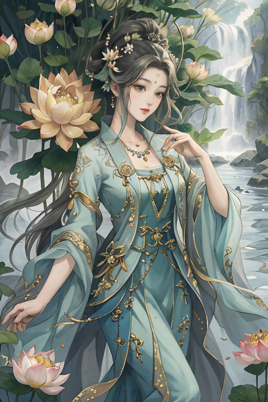 Original，（illustratio：1.1），（best qualtiy），（tmasterpiece：1.1），（the Extremely Detailed CG Unity 8K Wallpapers），（a color：1.2），1 Lotus God，goddes，Bust，ancient costume，best qualtiy，Extremely detailed jewelry，lotus petals，scenecy，rios|Wagas，