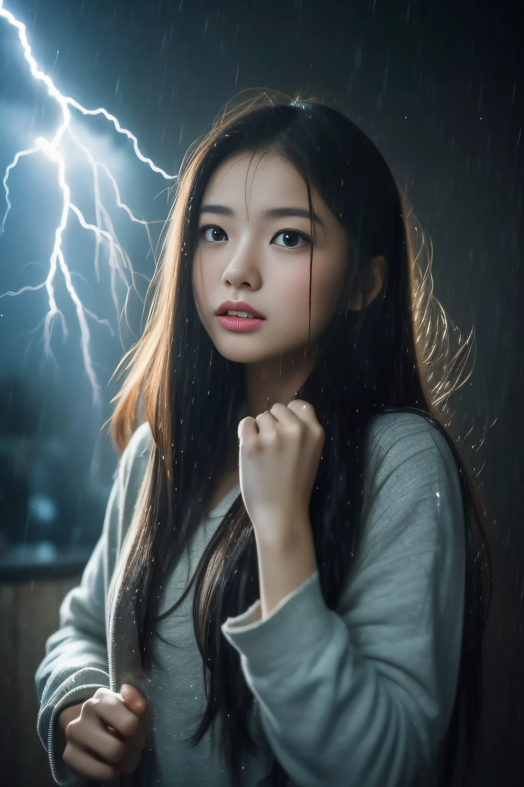 (Great masterpiece、high-level image quality、hightquality)、(A Japanese Lady、Young and cute、24 year old)、(Extreme weather、Thunderclap and lightning、very heavy rain、gale)、Despressing、murky、Earth cataclysms、
