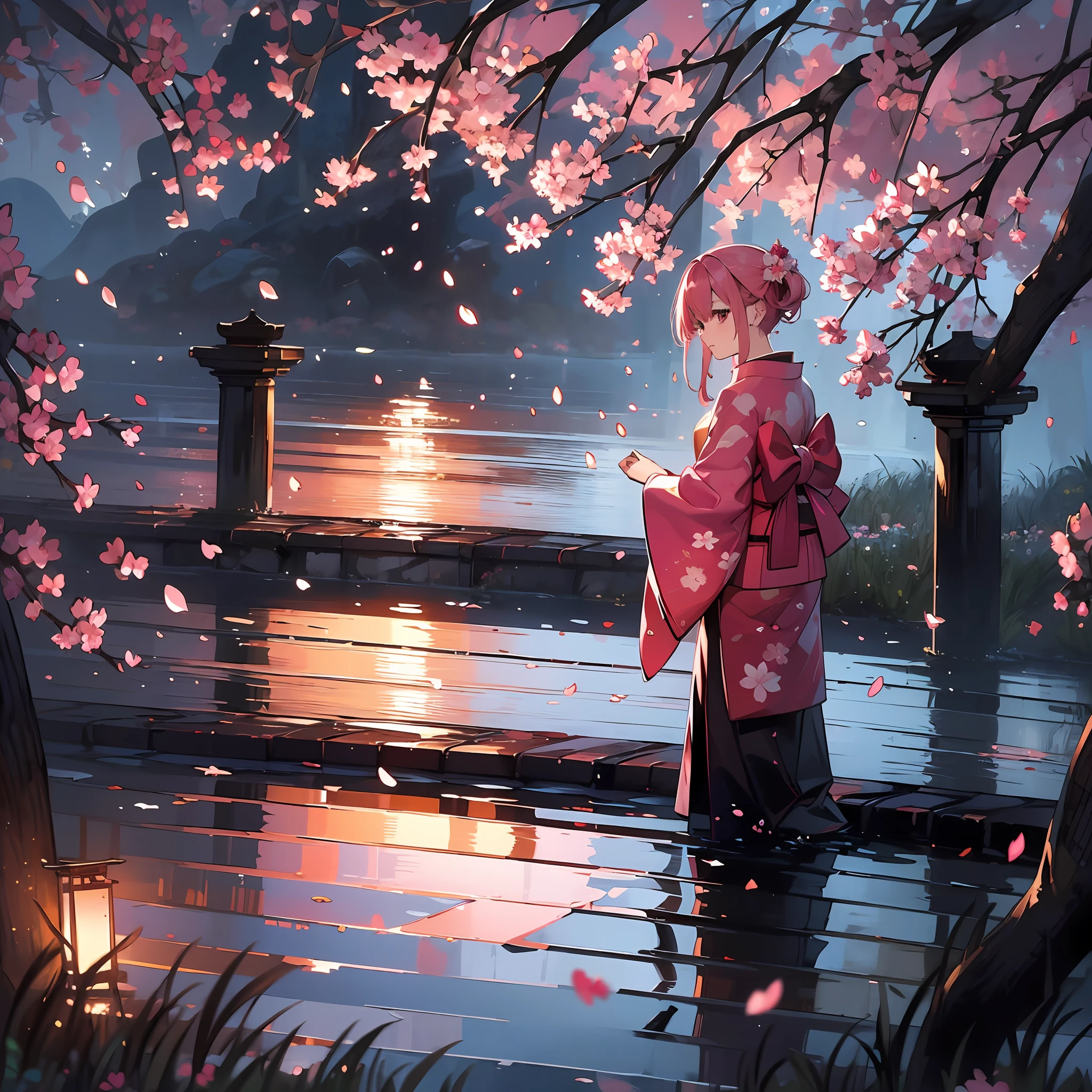 (8k wallpaper:1.2),(Ultra-high resolution:1.2),(masterpiece:1.1),wallpaper,High quality,masterpiece,(High detail),1girl,pink hair, wearing a pink kimono,standing near a cherry blossom tree, surrounded by cherry blossoms,cherry blossom leaves falling, absolutely stunning art, extremely detailed, highest quality digital art, highest resolution, HD, wallpaper 8k,