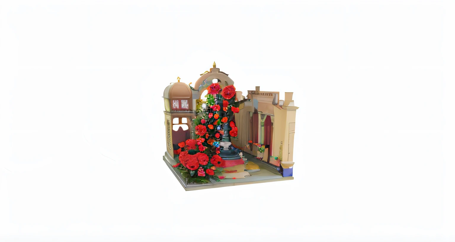 There is a small model of a building with a fountain, the grand temple of flowers, flower shop scene, magister, portal made of roses, Rose garden, detailed intricate render, urban plaza, By senior artists, victorian city, magicavoxel cinematic lighting, establishing shot, ornate city ruins, the flower tower, with archways, voxels art