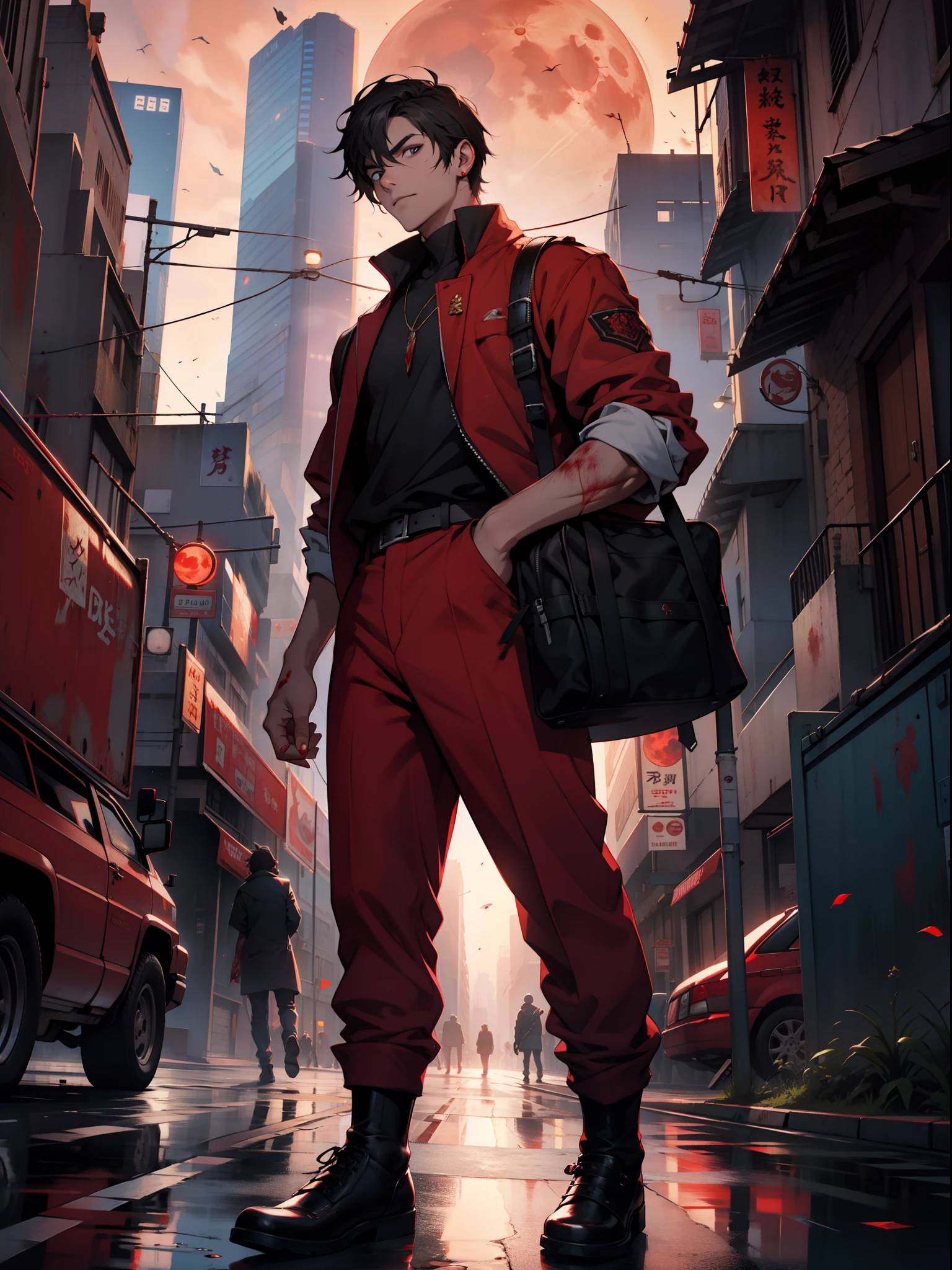 On city roads,Under the red moon,There was a young man standing,Blood on the face