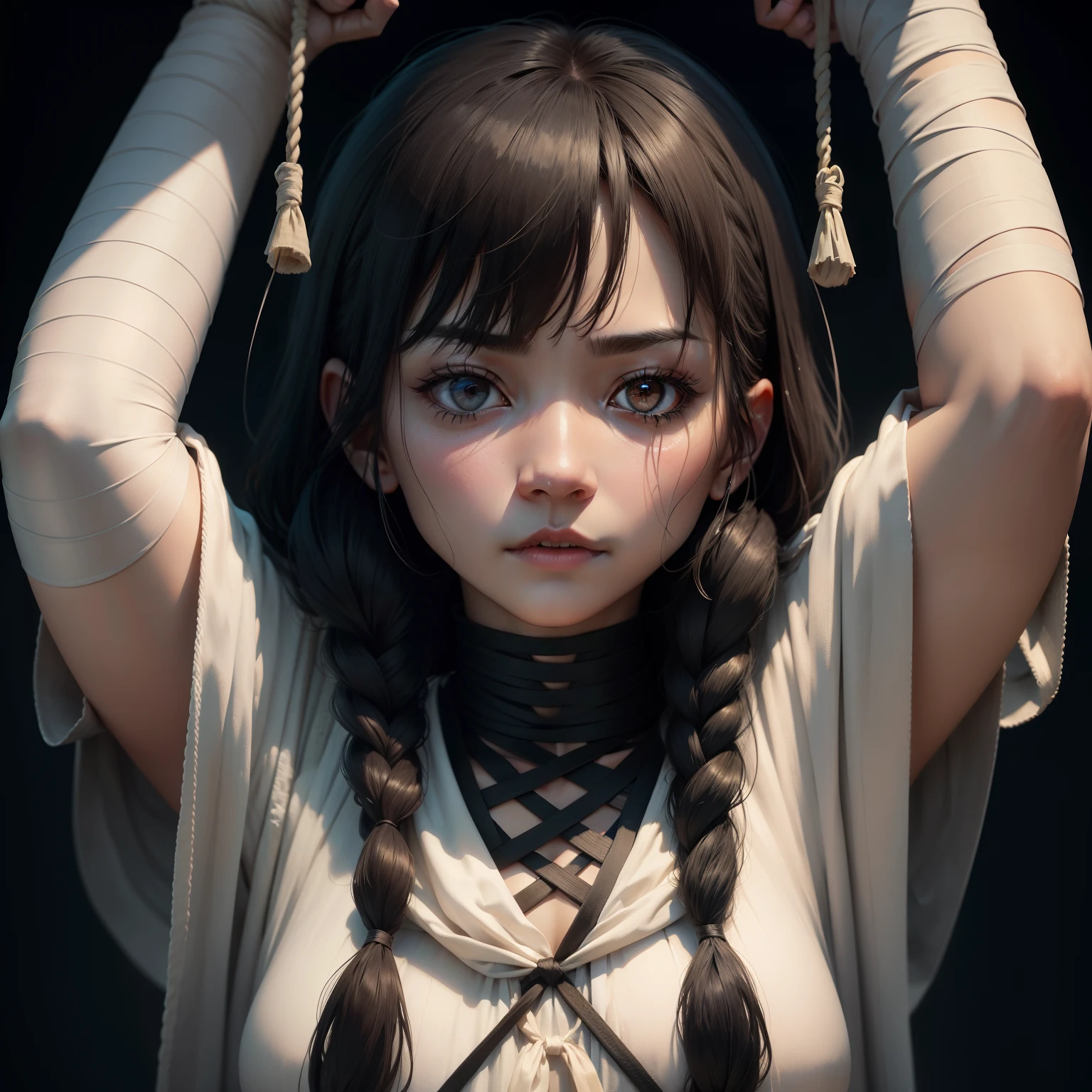 Hangman、Hung with arms tied、Mummy Woman、Bandage the body、Lifeless face、Dark circles with dark eyes、