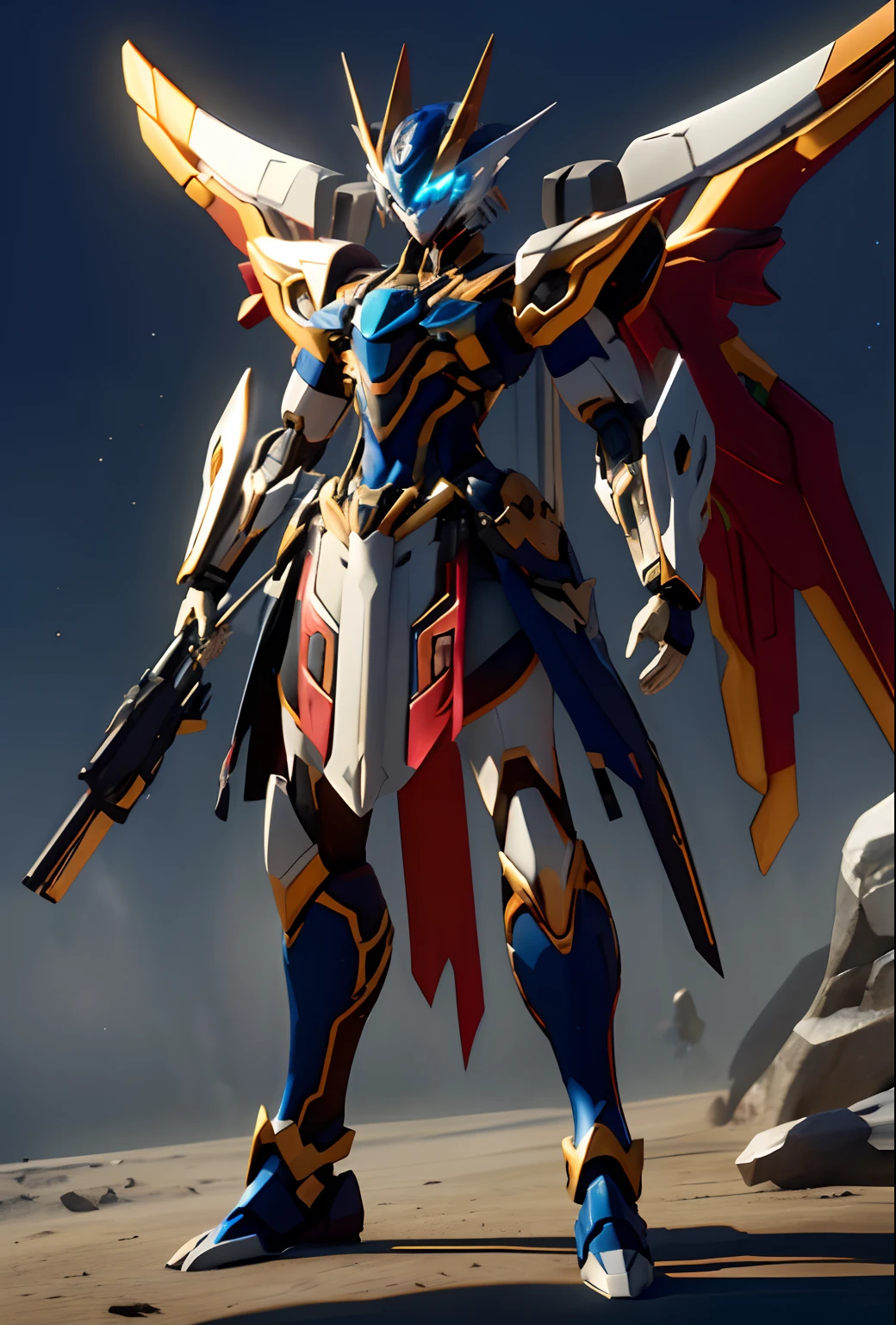 ((mecha girl))、Both head and face are human girls、Pretty face、The highest quality、highly accurate、Super detailed、tmasterpiece、8k wallpaper、Blue metallic、eBlue eyes、absurderes、High definition、super fine illustrations、absurderes、Solo、、Game CG、lorde、Night、(rays of black light:1)、(Detailed beautiful face and eyes:1.0)、(Feminine form:1.5)、command spell、Mecha musume、Masks、mechanicalparts、robotjoints、、Full armor、(The whole body:1.5)、sparkle eyes、Machinary、Standing and holding a rifle、Watch your audience、 Skinny、mechanical wing、((An airplane called Flash))、((Flowing armor))、