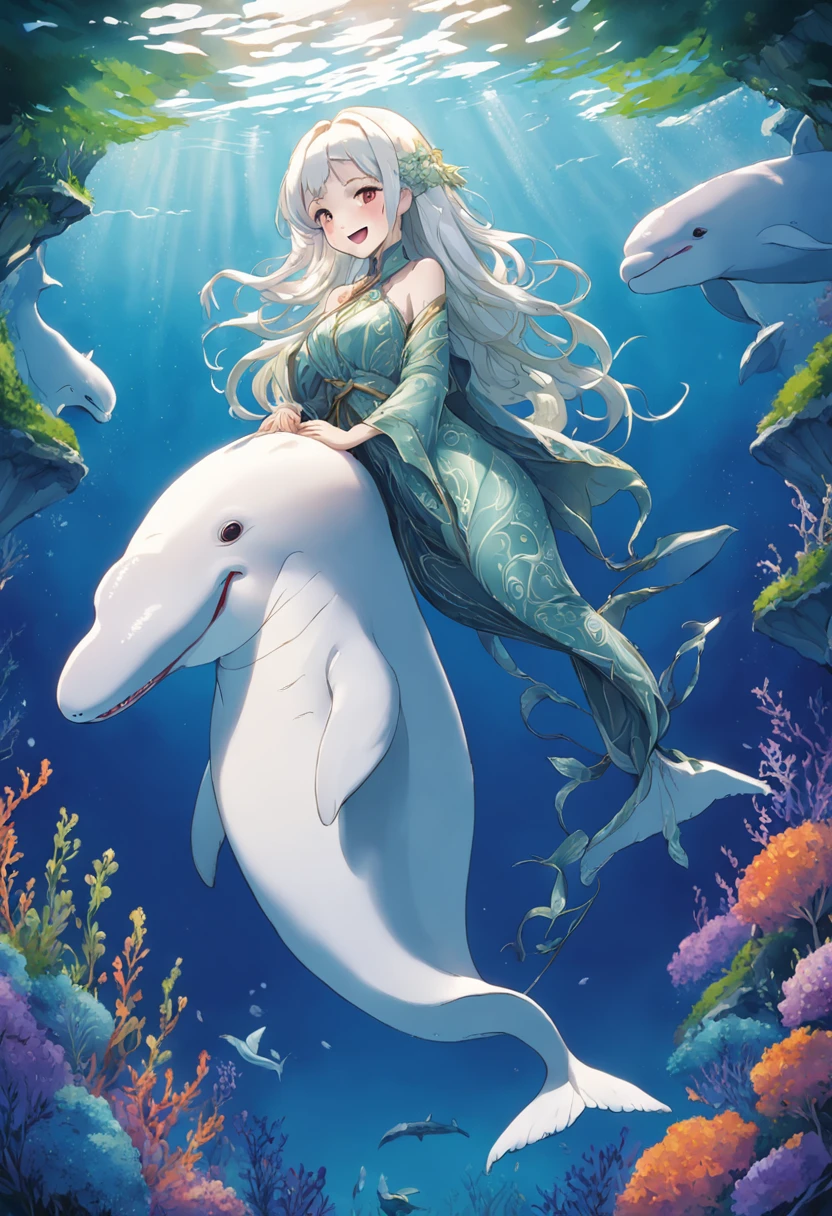 Smiling beluga whale on blue background,Green aquatic plants,Best Masterpiece,ultra intricately detailed,超高分辨率,fish flocks