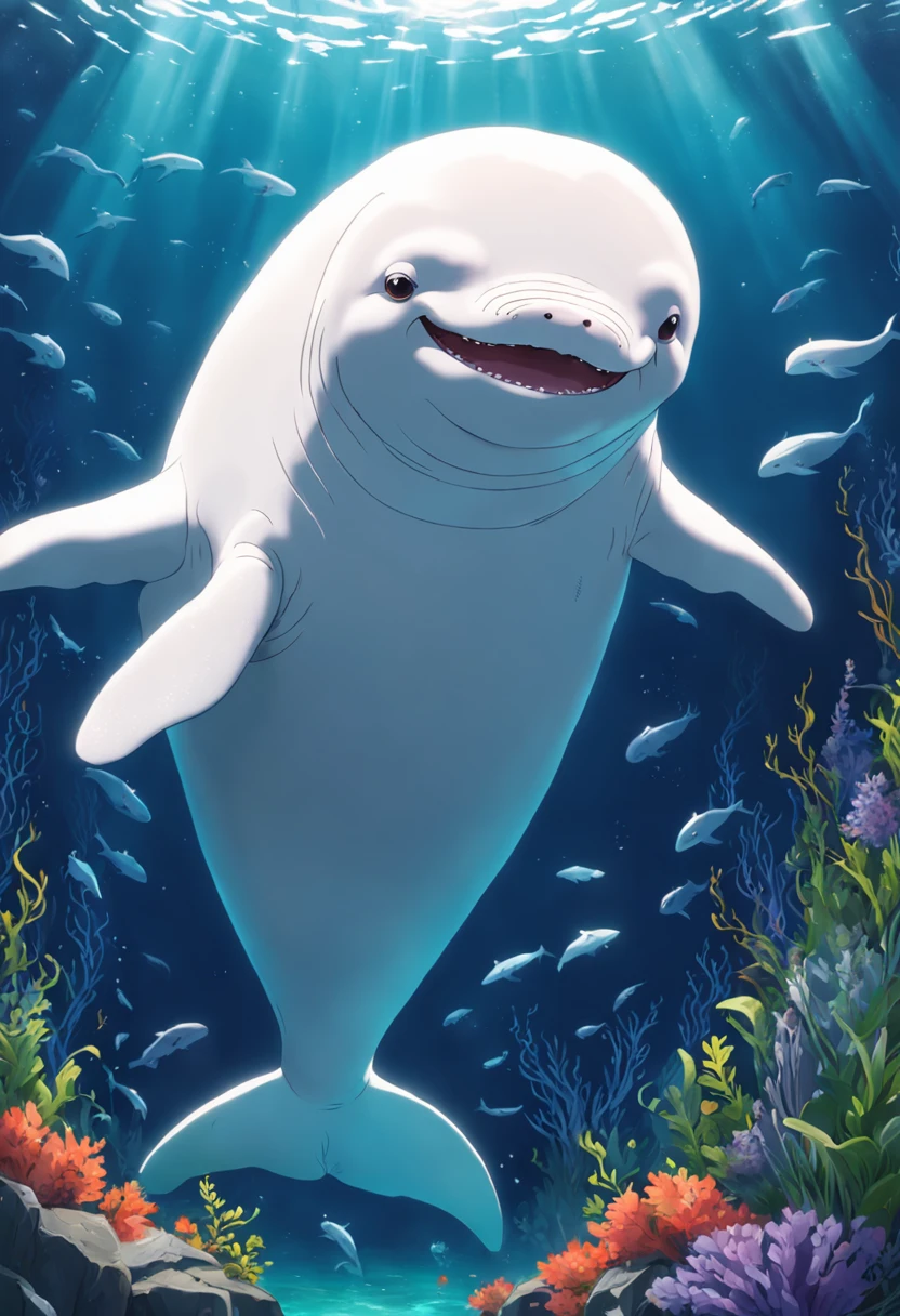 Smiling beluga whale on blue background,Green aquatic plants,Best Masterpiece,ultra intricately detailed,超高分辨率,fish flocks
