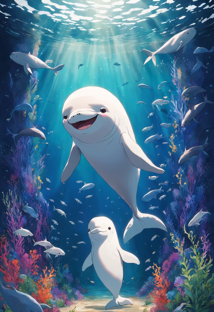 Smiling beluga whale on blue background，Green aquatic plants，Best Masterpiece，ultra intricately detailed，超高分辨率，fish flocks