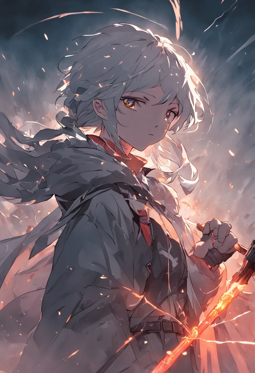 Western Darts,Wilderness background,smoke-filled,Facing the distance alone,With a determined expression on his face,The robotic arm gripped the spear,smokes