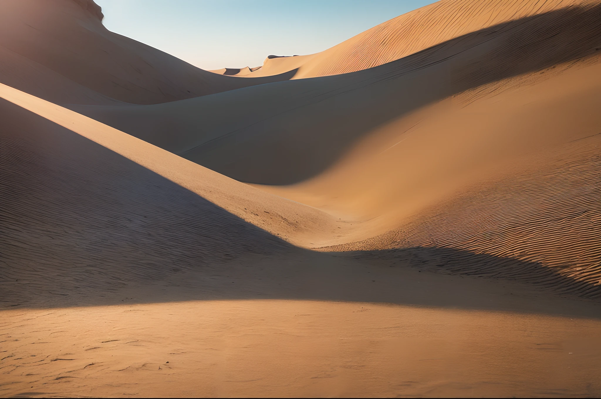 "An astounding masterpiece depicting the mesmerizing beauty of a desert. Best quality, ultra-detailed CG unity 8k wallpaper. The scorching sun casts dramatic shadows across the sand dunes, creating a captivating play of light and shadow. The vastness of the desert stretches as far as the eye can see, with the golden sand merging seamlessly with the clear blue sky. The tranquil silence of the desert is broken only by a gentle breeze rustling through the palm trees. The scene is surreal and serene, evoking a sense of awe and wonder.+"