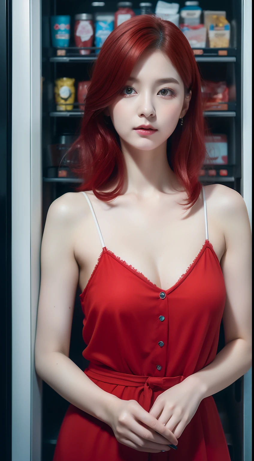 realistic photos of 1 cute Korean star, red medium hair, white skin, thin makeup, 32 inch breasts size, wearing pastel camisole, standing in front of vending machine, close-up, Gothic art, UHD