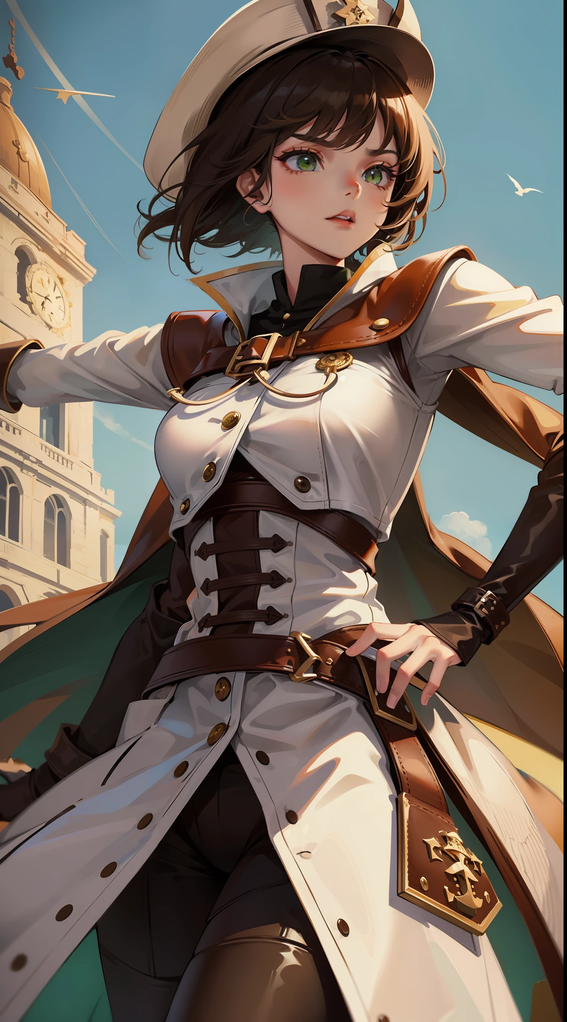 young girl, short black hair, green eyes, white mask, brown leather coat, hat, Rorshah, angry, Masterpiece, hiquality