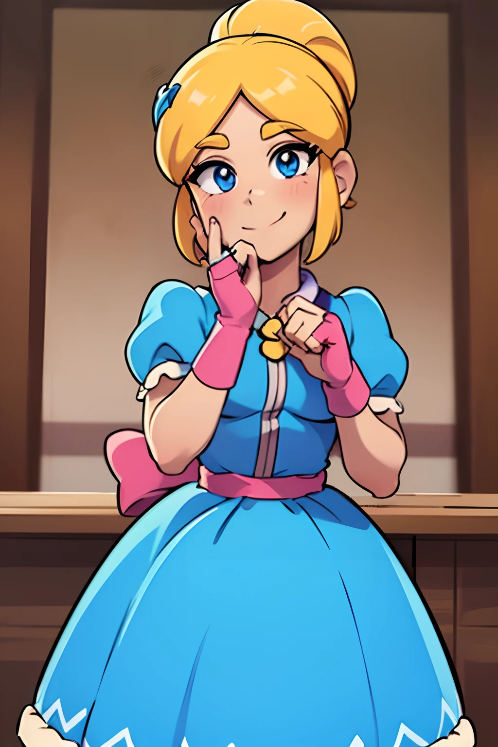 (masterpiece, best quality:1.2), cowboy shot, solo, 1girl, piper, smile, looking at viewer, (hand on own cheek:1.2), blonde hair, ponytail, blue dress, puffy short sleeves, fingerless gloves, kitchen