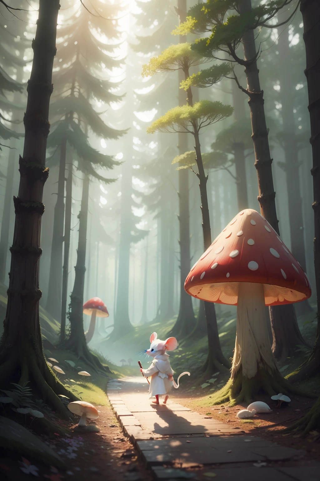 A small white mouse walking in the forest, wearing a red cape, holding a magic wand, tall woods, with huge colorful mushrooms on the side, a sense of depth, HD, 4K, Pixar style,