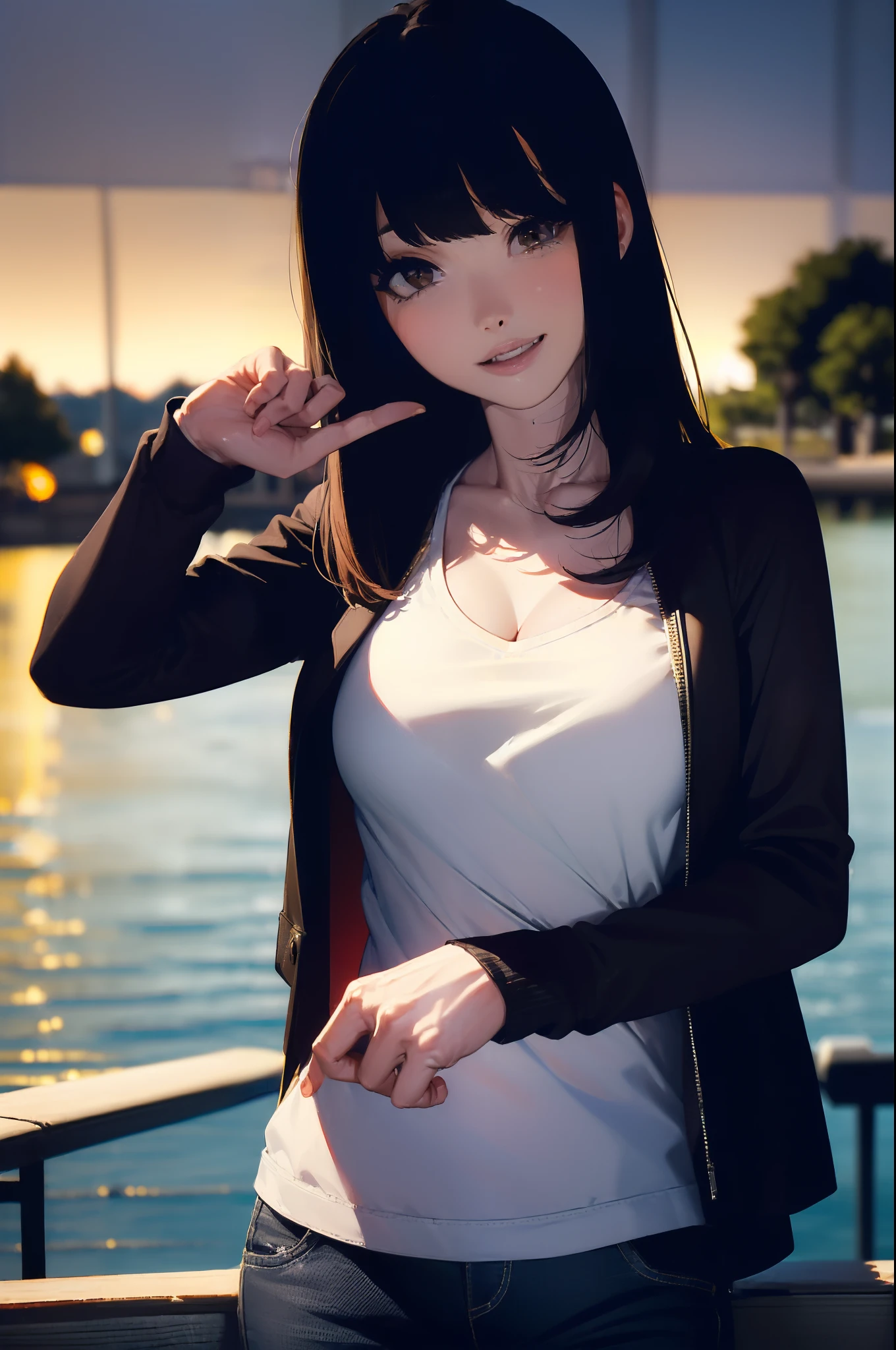 ((((Catch a big black bass by the lake:1.5)))),((Female 28 years old))((Best Quality:1.5)),(((Hands with the correct number and structure of fingers:1.4))),((Big fish:1.37)),hight resolution,ultra-detailliert,masterpiece,best qualtiy,Eight-headed body,Black hair, long eyeslashes, Solid Circle Eyes, drop shadow, Atmospheric perspective,Super Detail, ccurate, small brest,(Jackets and jeans :1.1),top-quality, blurry backround, bokeh dof:1.2, (masterpiece:1.3), Atmospheric perspective,Super Detail,dynamic compositions,top-quality、masterpiece、Very beautiful CG、finely detail、masterpiece