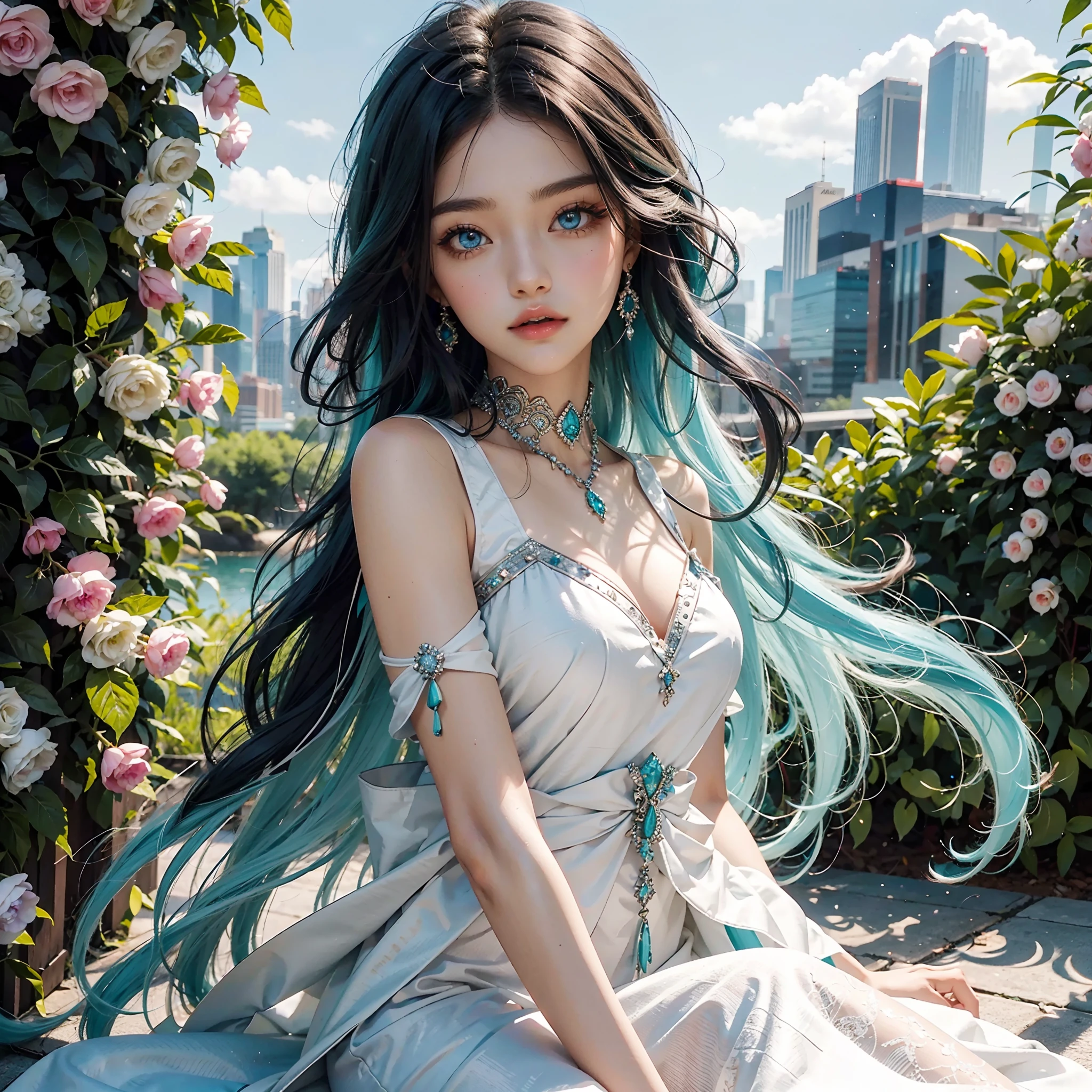 tmasterpiece,Best quality at best,the Extremely Detailed CG Unity 8K Wallpapers,In the daytime, White skin of the,long eyelasher, Long hair and waist,Pitch-black hair, Gradient hair, The ends of the hair are blue-green,Turquoise eyes,hair straight, Beautiful long neck, frontage,The upper part of the body,Jewel-like eyes,Extremely beautiful,Fair face,Light eyebrows,bit girl