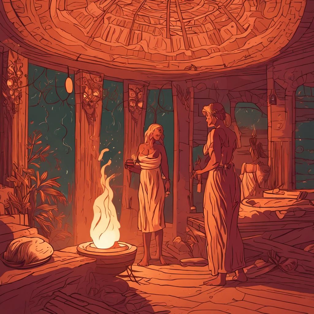 Best quality, Masterpiece, Two women in a sauna, the light from the candles flickering and the steam swirling around them.
