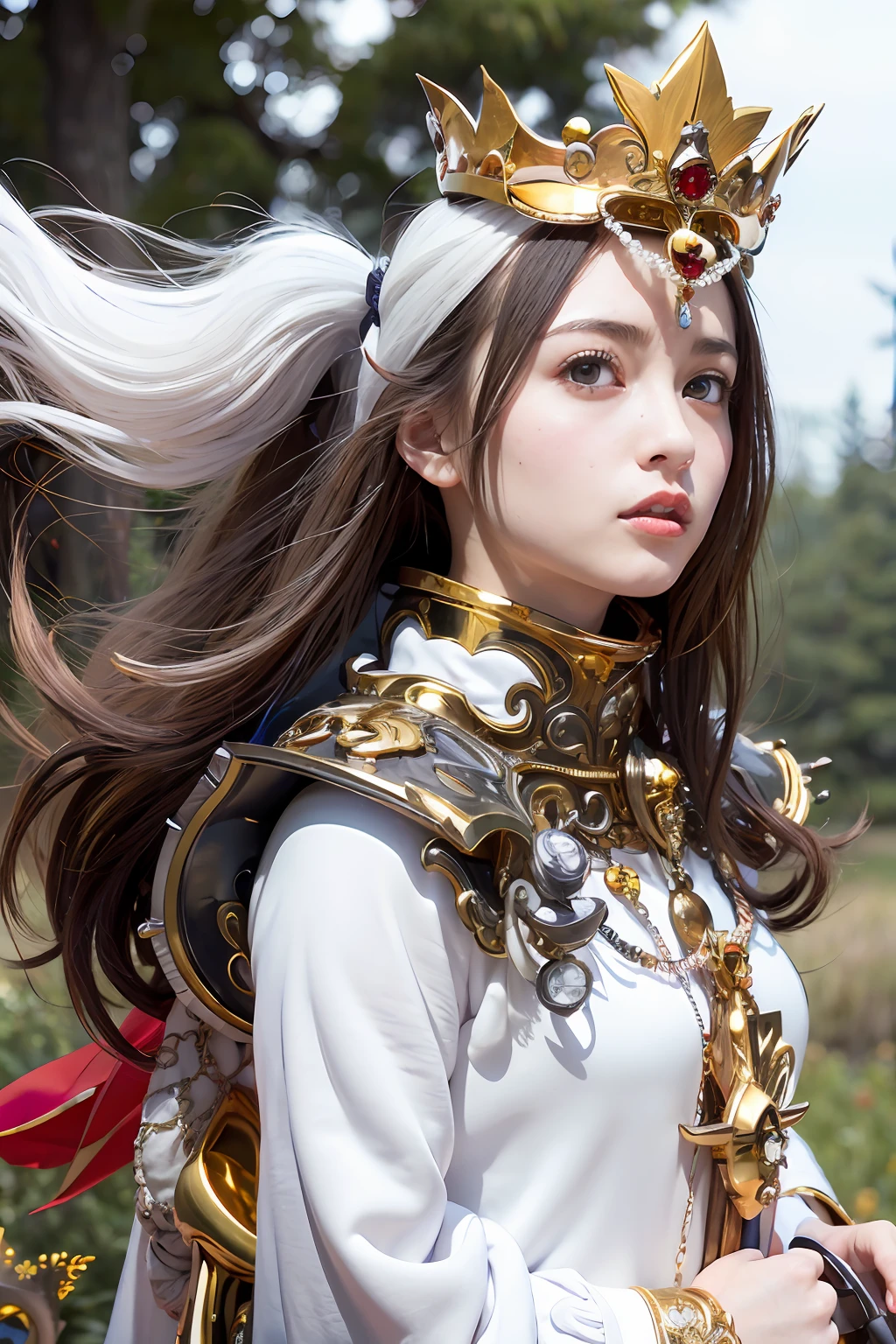 (masutepiece), Professional , ​masterpiece、top-quality、photos realistic , depth of fields ,（Wind element），close-up，dream magical，tornado，Lightning，（Gemstone Silver Jewel Body:1.９),(Matte White、Jewel Gold Weapon_（Metal:1.４),Gorgeous Jewel Metal Weapons , Detailed Sword of the Brave , Beautiful knife   ,warhammer 40k , adepta sororitas,Detail and ornate jewel crown、Brown hair、Gangle's forest background、Beautiful Caucasian beauty、１a person、dynamic ungle,(((Detailed and ornate diamond crown)))、Particles of light、