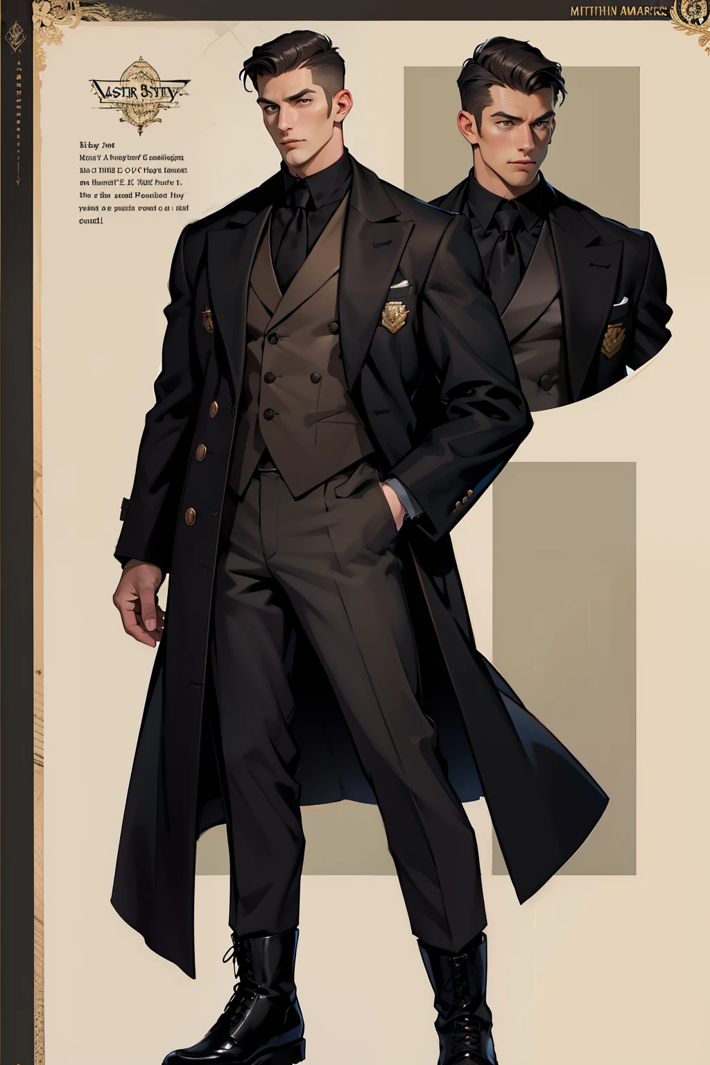 reference sheet：1.8，super details，high quality，master piece，A tall boy，Handsome face，Short black coat，long trousers，Martin boots，American style