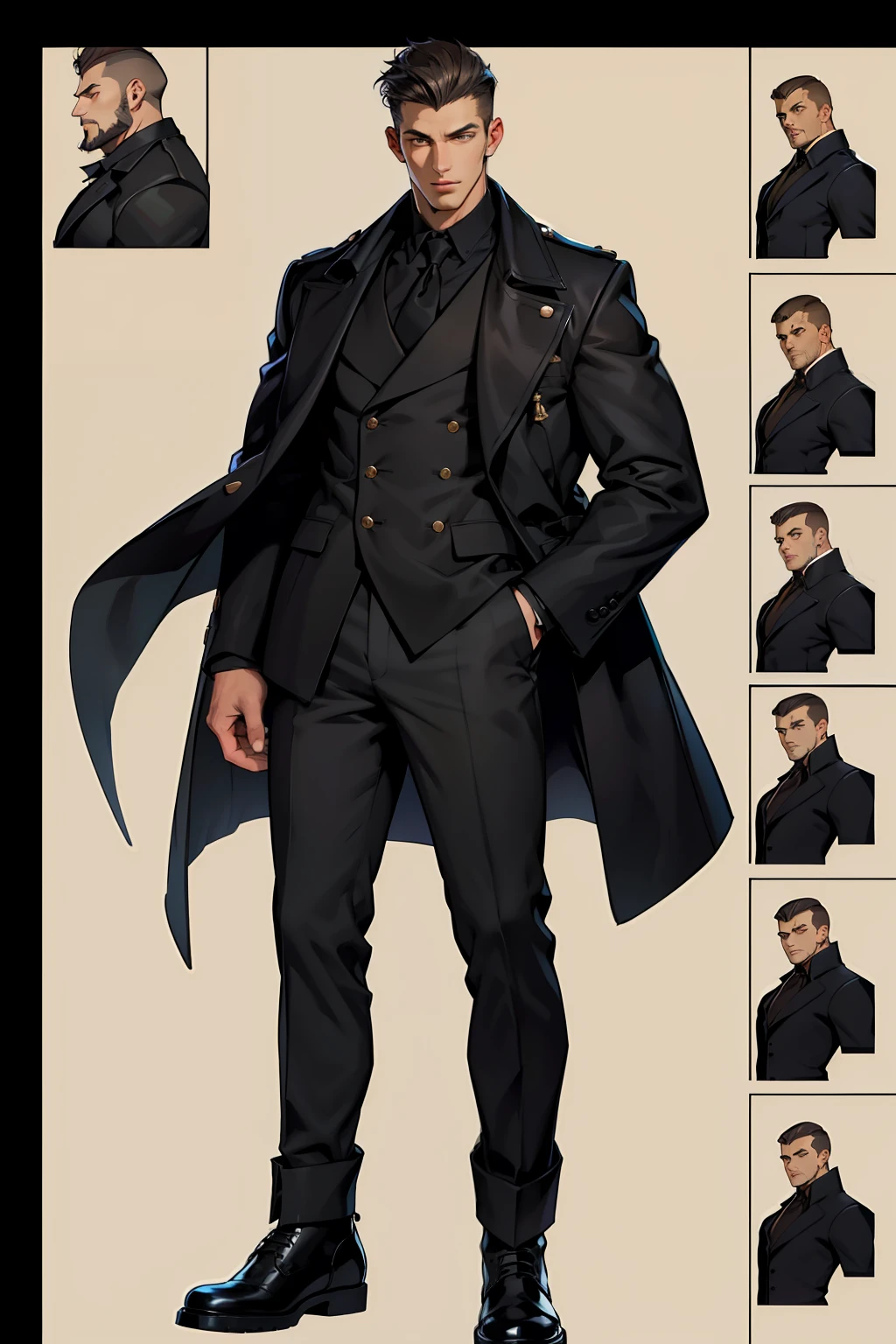 reference sheet：1.8，super details，high quality，master piece，A tall boy，Handsome face，Short black coat，long trousers，Martin boots，American style