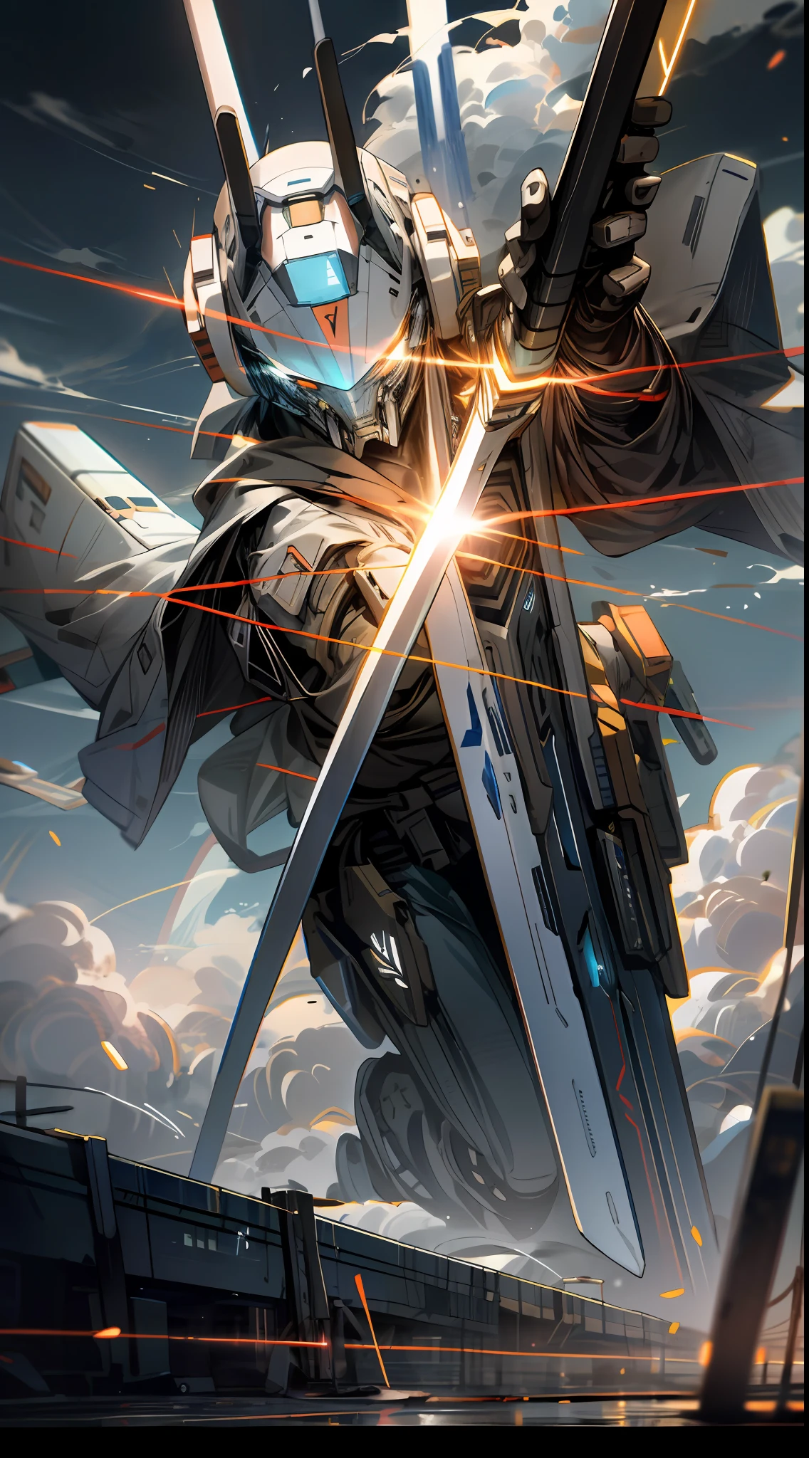 Skysky, Clouds, holding_weapon, no_humans, Glow, droid, buliding, scientific fiction, 城市, Reality dynamic --v6