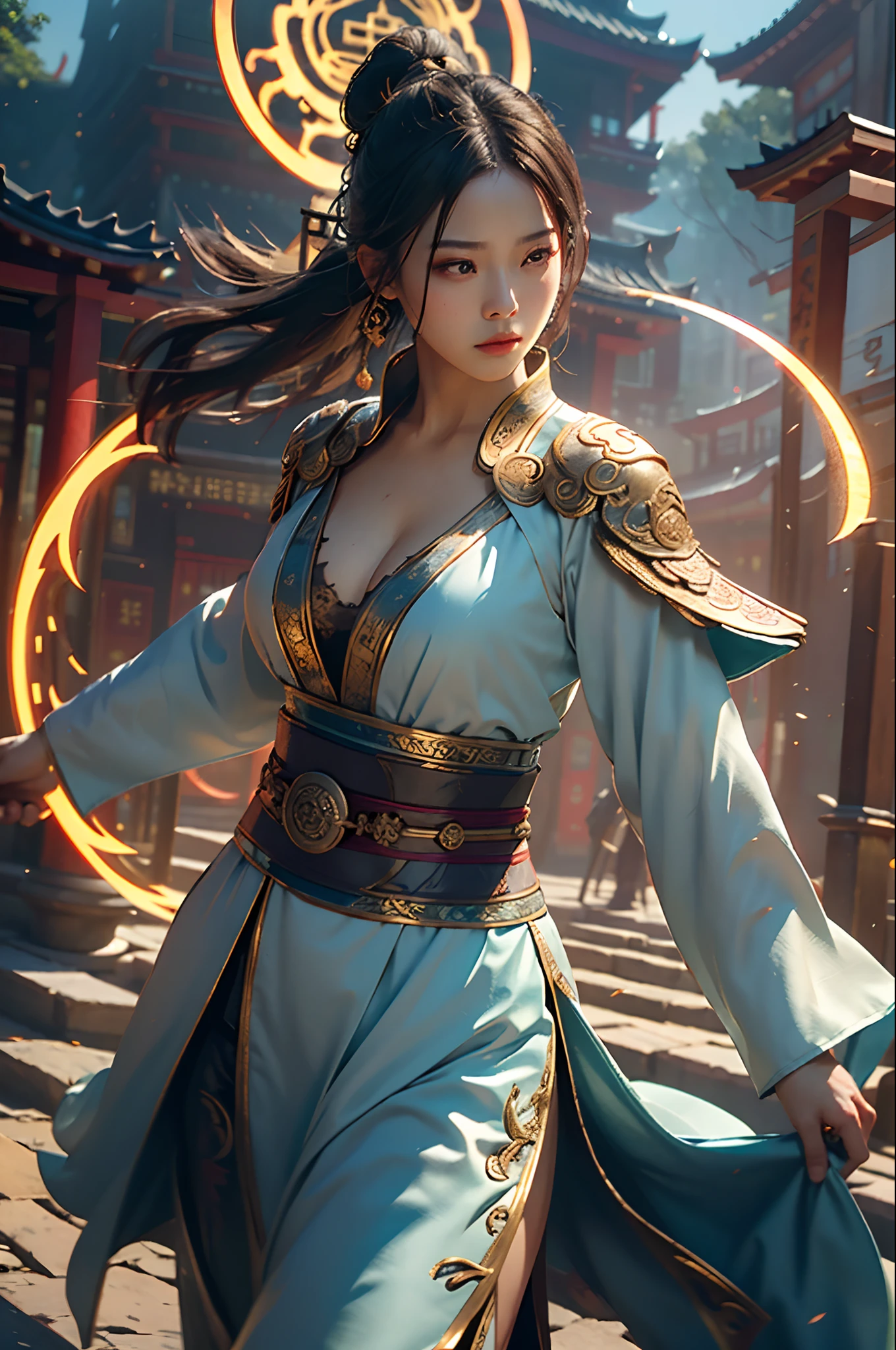 Best quality,masterpiece,ultra high res,(photorealistic:1.4),xiuxian,weapon,Detailed face,
1girl,solo,weapon,cleavage,(magic circle:1.2),xiuxian,upper body,Beautiful girl,full body,east asian architecture,sheath,architecture,
