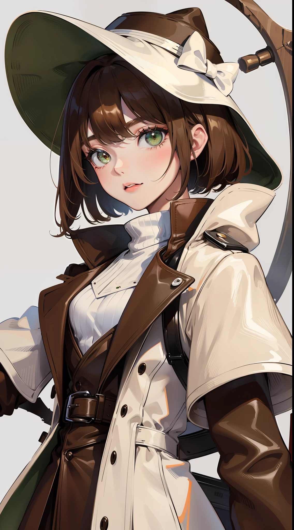 young girl, short black hair, green eyes, white mask, brown leather coat, brown hat, Rorshahe, Masterpiece, hiquality