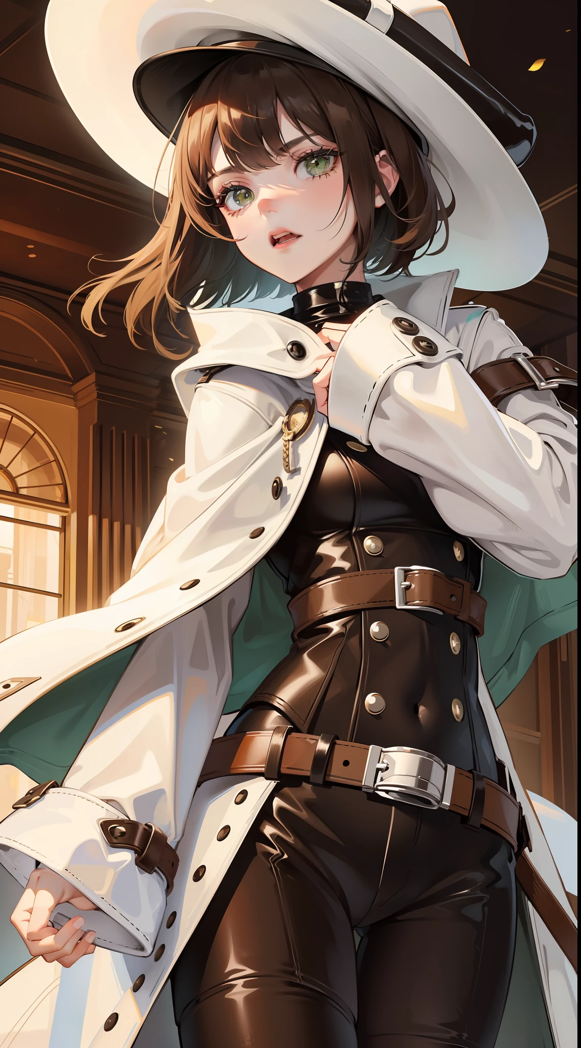 young girl, short black hair, green eyes, white mask, brown leather coat, hat, Rorshah, angry, Masterpiece, hiquality