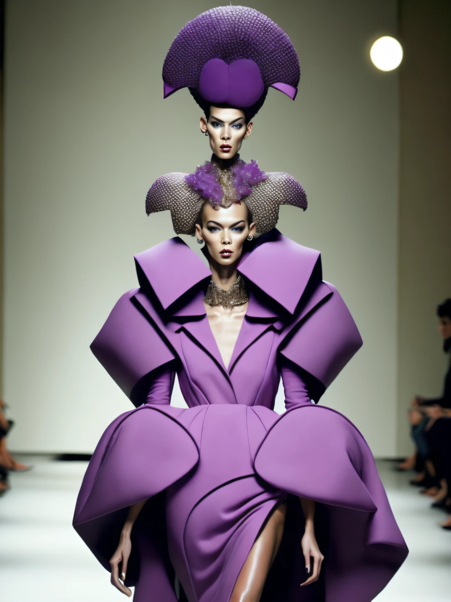An avant-garde fashion model strutting down the runway in a striking purple dress and wearing an elaborate headpiece.