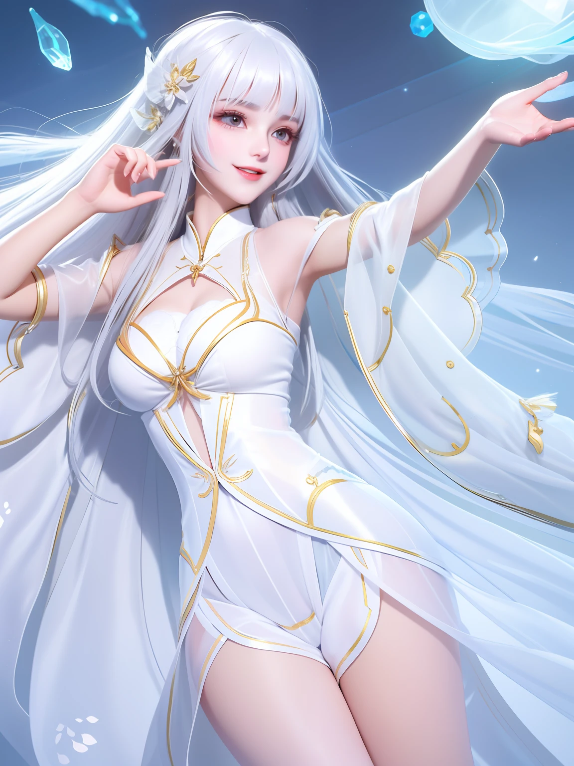 Lie down in bed,Transparent white silk coat,The expression is a little happy and enjoyed,with a good figure,Ultra shorts,Low-cut clothing,adorable captivating, beautiful and seductive, Cute breasts are big and beautiful,white skinned,facing at camera,Surreal full-body image,The viewing angle is relatively wide,no underwares,hand touching breasts