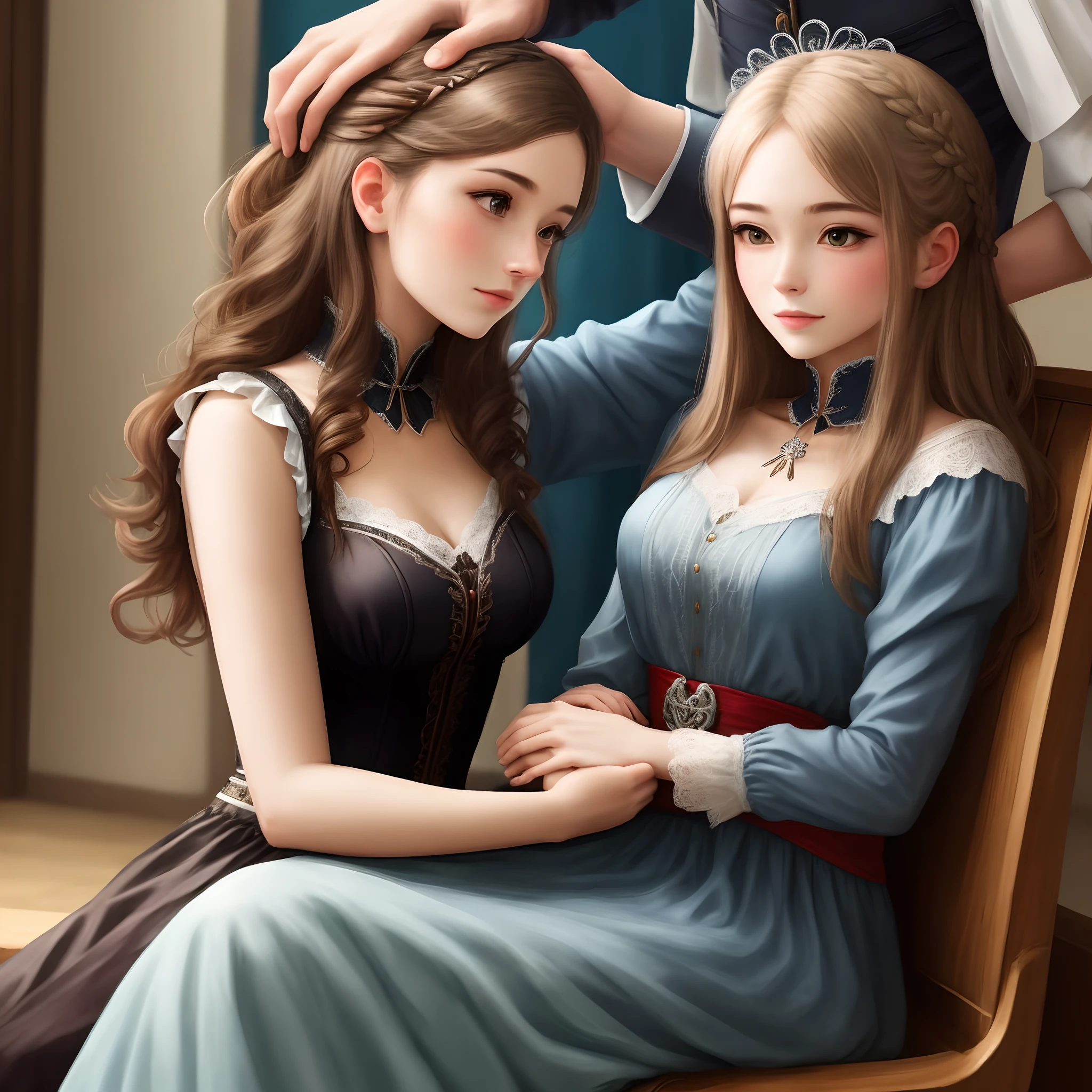A lovely maiden sits on top of a man's head