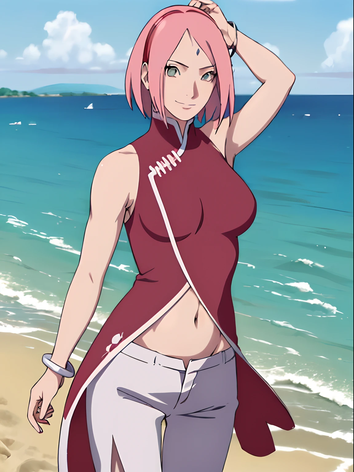 anime style, solo, 1 woman, super ultra details, very high resolution, perfect anatomy, ultra detailed face, high vibrance, (blue light), ((cold colors)), 1girl, haruno sakura, (tall, thin belly, off-shoulders, biceps, closed fists, pale skin, long belly, small breasts, forehead mark), ((((naked)))), looking at viewer, (beach, stretching, armpit line), floating hair, big smile, cowboy shot, (reddish pink hair, short hair), spring time((((sexy pose))))((((((35 years old sexy body))))))(((big boobs small nipples))))