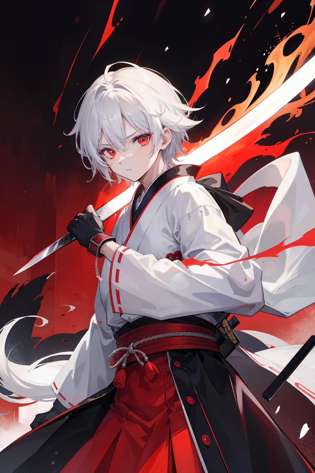 2boys，cabelos preto e longos，Red-eyed teenage man，Stand on an empty street at night，extreme hight detail，White jacket，Black Hakama，Aoba Ori，Holding a huge blood-colored weapon in one hand，A Japanese style，Intimidating，Engulfed in flames、Sword，wall-paper，CG compositing，Japan best swordsman、action