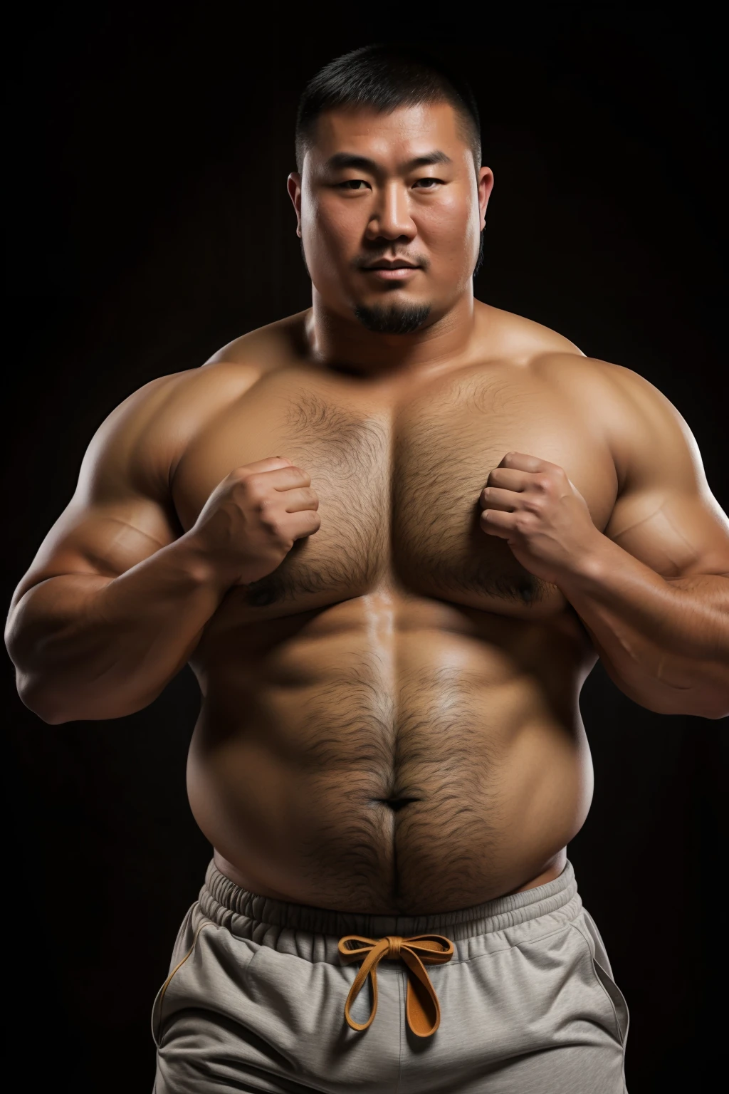 Mongolian man，sweat shorts，Lidhead of the pot，Thick body hair，Masculine muscular body，Clumsy medium shot，Frontal light，Muscular upper body，Fat belly，light tan skin，Strong and stout body，belly button showing，half man half asian black bear