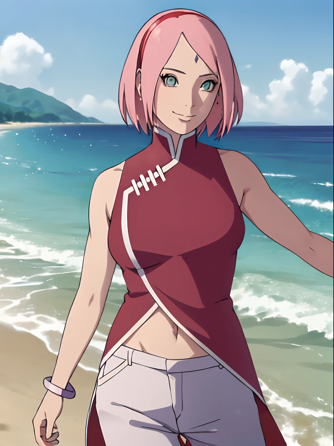 masterpiece, 1k, portrait, face shot, professional artwork, detailed beach background, intricate details, colorful, digital blending, (ultra detailed body, ultra detail hair, ultra detail face), trending on pixiv, kind smile, best quality, anime style: 1.9, 1girl, hires, haruno sakura, (forehead mark, milf, red hairband, pale skin, short hair, ((red sleeveless dress), white pants), (navel, belly button, bracelet, pink hair), smile, beach, wind, floating hair, detailed arms, off-shoulders, slightly muscular arms, (dirty armpits), standing)