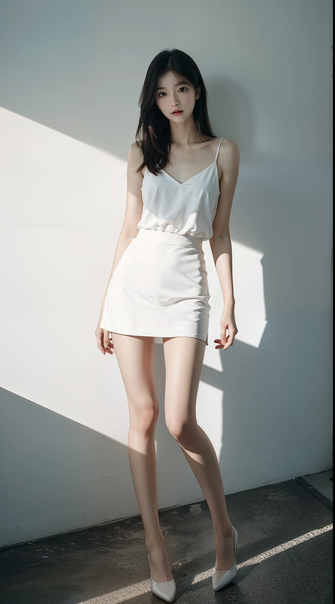 highest quality , sexy, Ultra-high resolution,  RAW Photos, girl, indoor, White skin, short hair, ,whole body,Black Hair,Beauty、Slit eyes,、Dress code: tank top、mini skirt、Cleavage、
