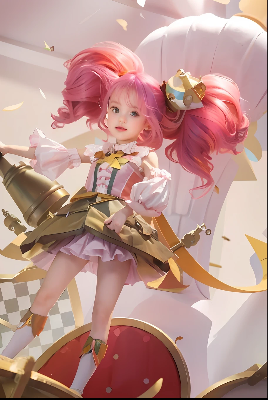 Little girl with pink hair，Wearing a pink dress，Cross your hands at the waist