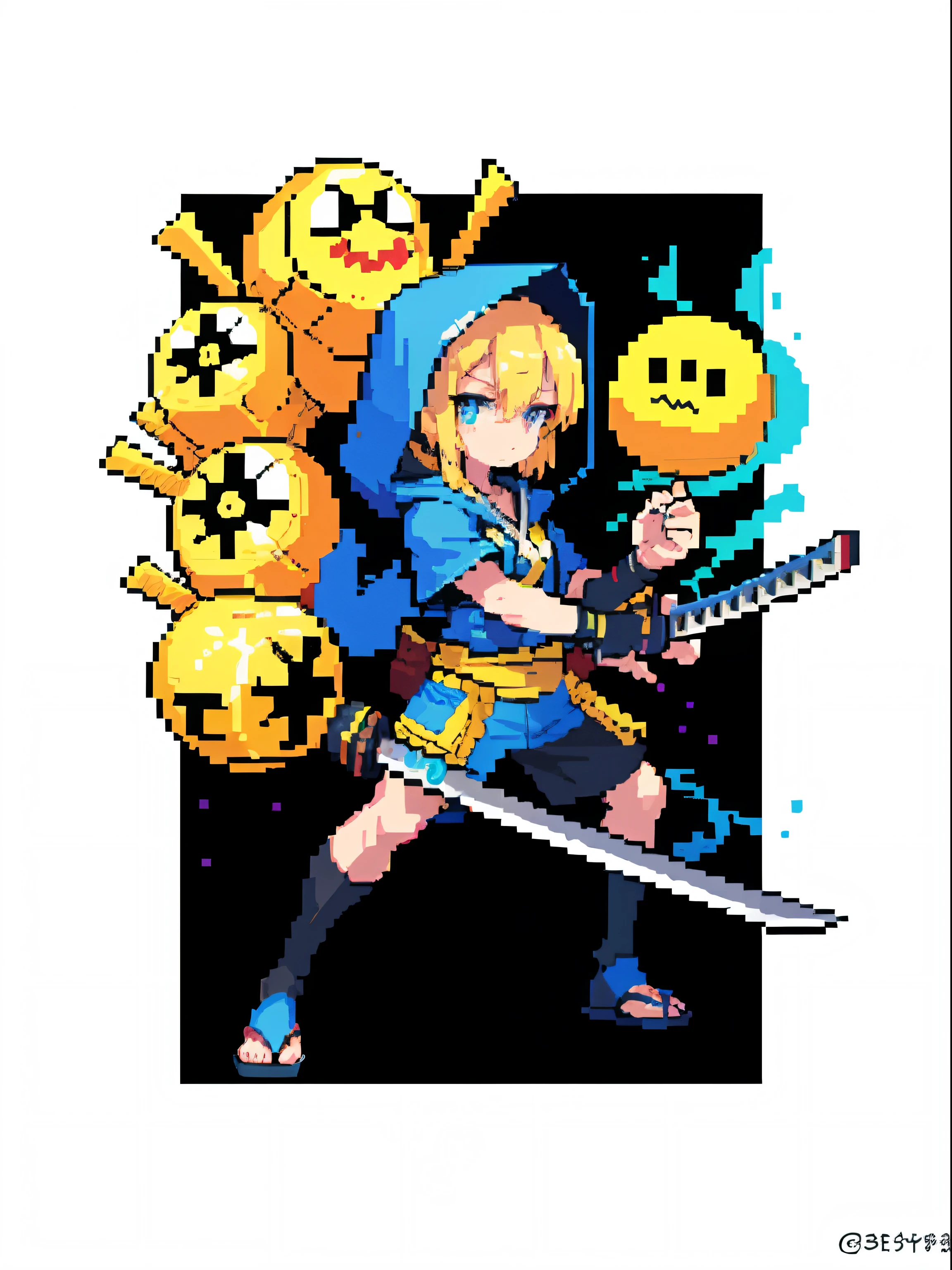 （tmasterpiece，top Quority，best qualtiy），pix，pixelart，SpongeBob，samurais，katana swords，Hood