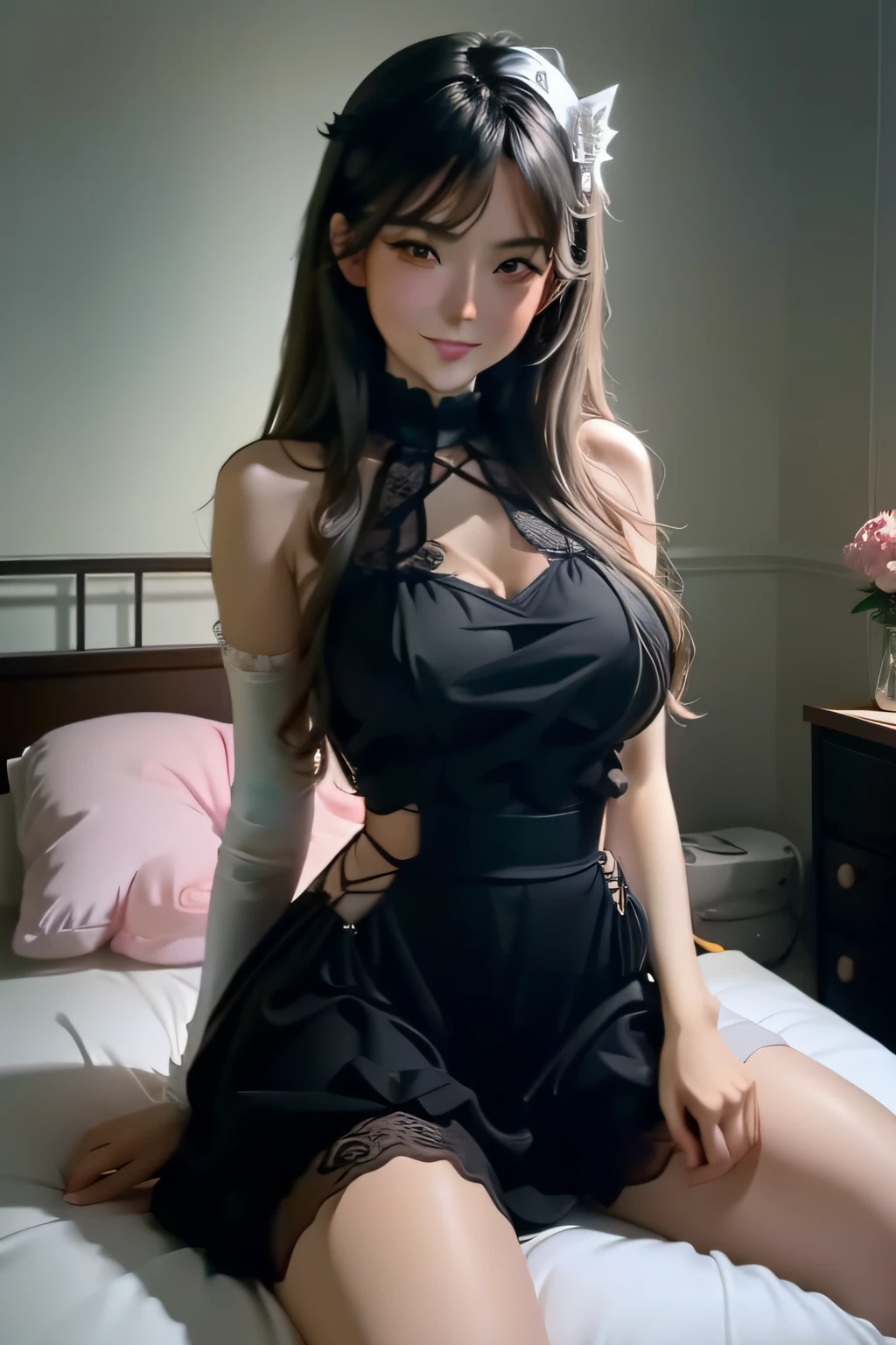 In anime-style photos、Female anime character lying in bed, 1girl in, breasts, Solo, Blue eyes, Twin-tailed, Underwear, cleavage, on the beds, Panties, Looking at Viewer, Open mouth, bed, stuffed toy, Long hair, stuffed animal, Sitting, 鎖骨, Bare shoulders, Indoors, PILLOWS, blush, Bangs, Hair Ornament, White panties