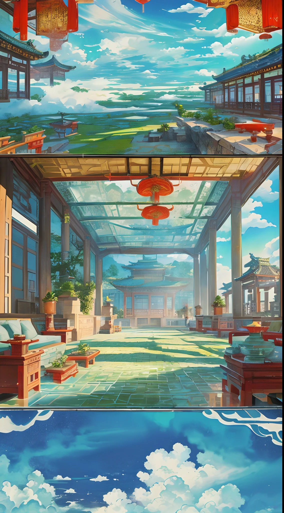 The game scene, the ancient Chinese palace is located above the clouds, surrounded by clouds and mist, majestic, glazed tiles, colorful rays of light, ((color ink)),((splash ink)),((splash ink) ink}) ), masterpiece, high quality, Refined graphics, high detail
