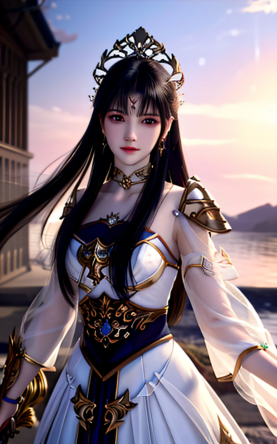 best quality, masterpiece, high resolution, CG, 1 girl, weapon, sword, long hair, dress, water, solo, jewelry, white dress, earrings, hair accessories, splash, upper body, bun, brunette hair, lighting, frankness, photo, high resolution, 4k, 8k, bokeh,