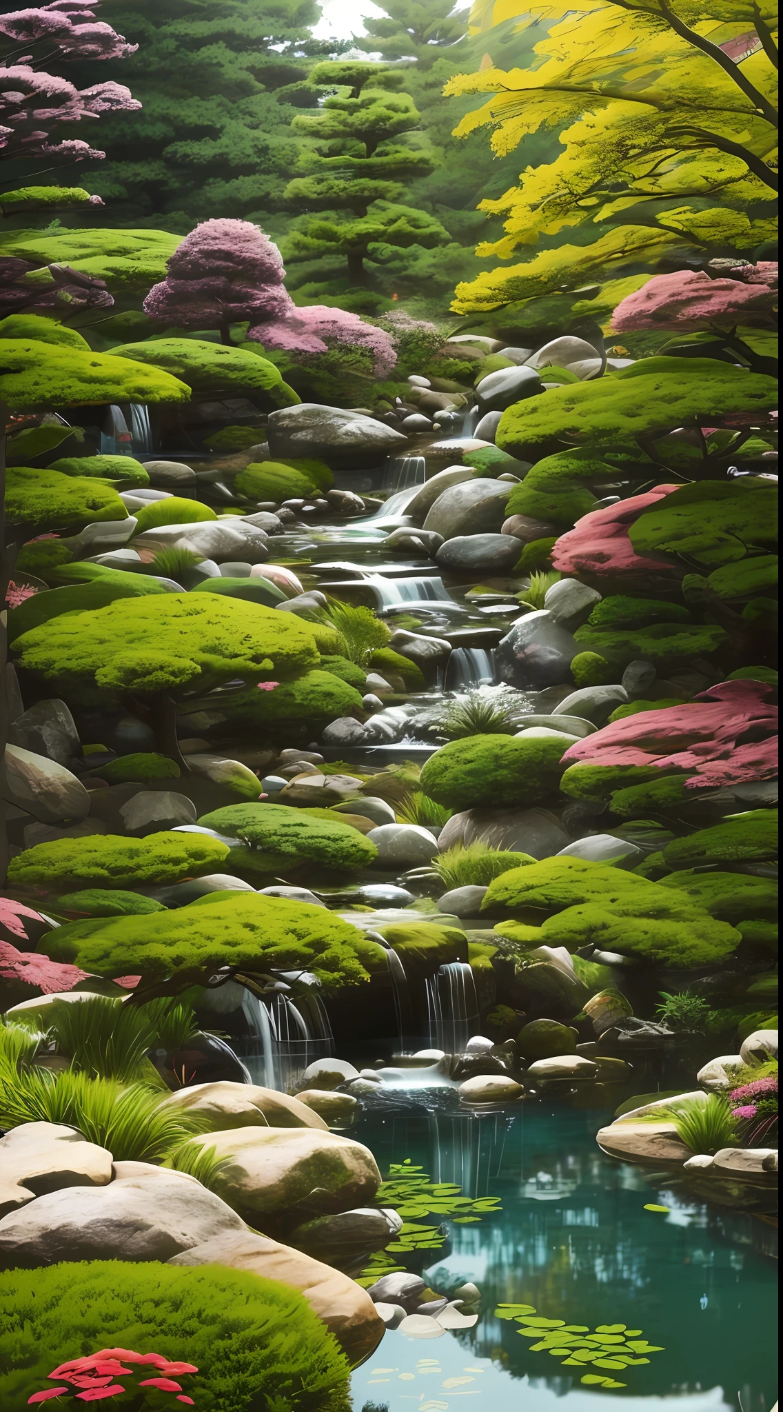 japanese dwarf pine, (ikebana:1.1), japanese pond and garden on background, by charlotte grimm, japanese garden, sci-fi, cyberpunk, intricate, highly detailed, digital painting, artstation, illustration, art by artgerm and alphonse mucha, vibrant volumetric lighting