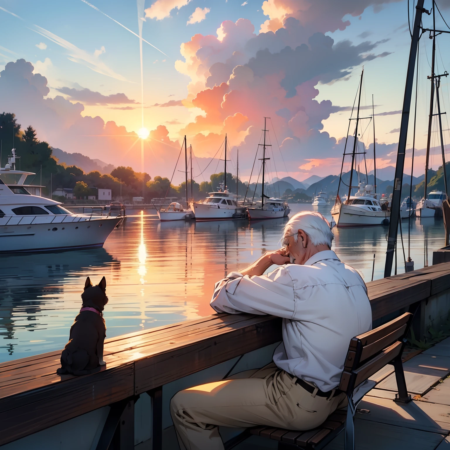 {{{{{masutepiece,Best Quality,ultra-detailliert}}}}},1 Old man,Shirts and pants,sit on a bench,Smoking,Big dog sleeping beside him,Pink-orange and yellow mixed in the sky、You can see the sunset through the clouds、Sunset over the sea beyond the harbor,Several yachts and motorboats are parked in the harbor,posterior view,Distant view,