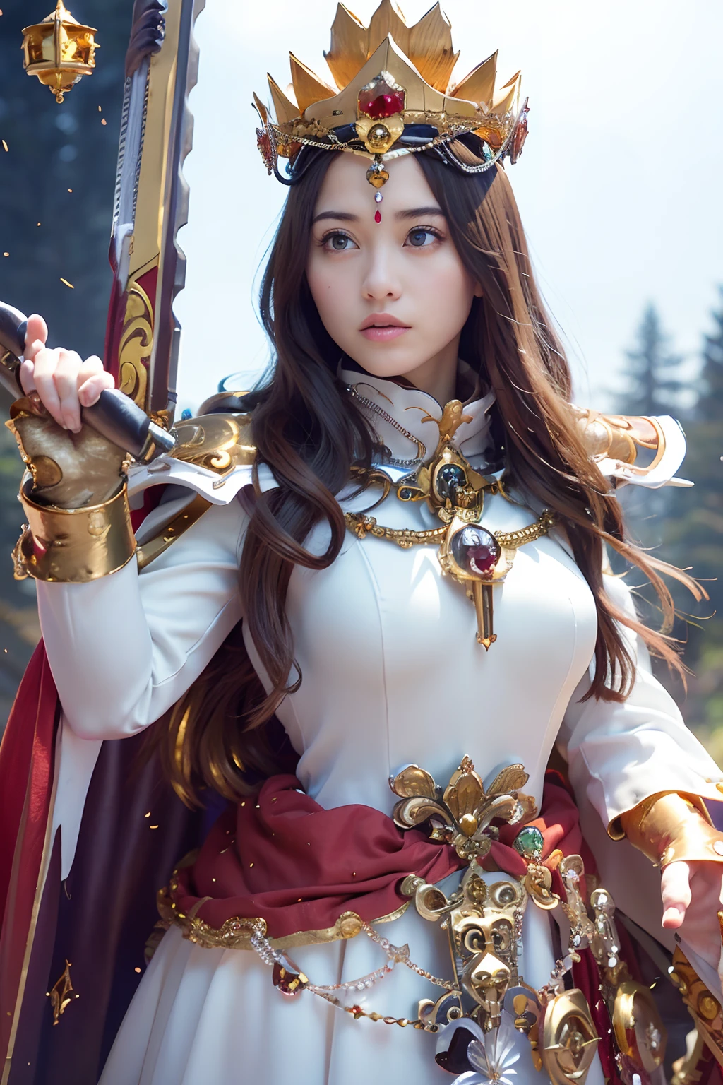 (masutepiece), Professional , masterpiece、top-quality、photos realistic , depth of fields ,(Wind element),close-up,dream magical,tornado,Lightning,(Gemstone Gold Jewel Body:1.6),(Matte White、Jewel Gold Weapon_、(Metal:1.4),Gorgeous Jewel Metal Weapons ,(( Detailed Sword of the Brave)) ,(Stand in front of the dragon)、 Castle background ,warhammer 40k , adepta sororitas,Wear a gorgeous jewel helmet with attention to detail、Brown hair、((Gangle's forest background))、Beautiful Caucasian beauty、1a person、dynamic ungle,(((Legendary Armor Jewelry Helmet)))、Particles of light、cleavage of the breast、Battle Pose、Mystical expression、