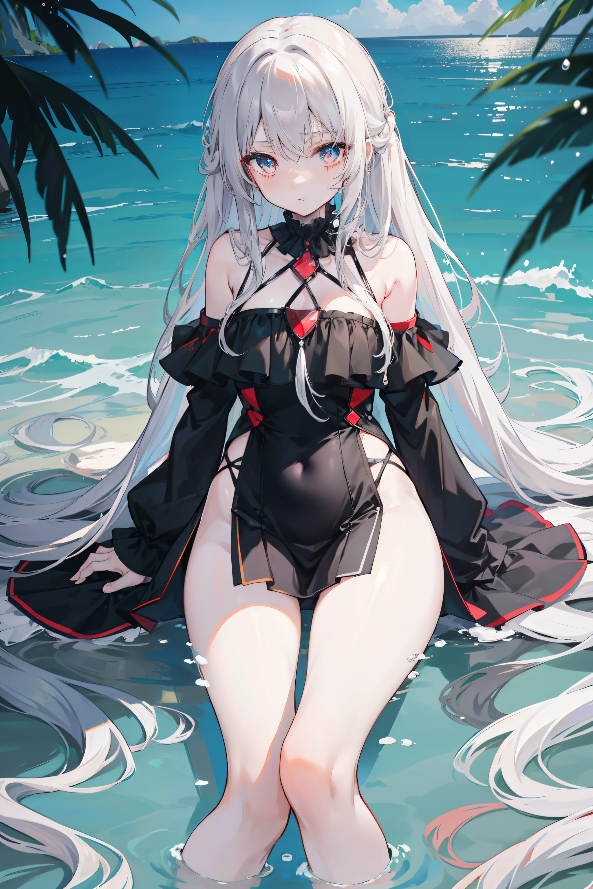 Anime girl wearing black dress,tmasterpiece,Fine beautiful eyes,,exposed bare shoulders,Be red in the face,Shy eyes,Extra-long, Flowing hair,,Ultracolor,and wear no underwear,exposing her chest,with no underpants,beachside,Water droplets on the crotch,Hair ruffling,upper legs,the feet