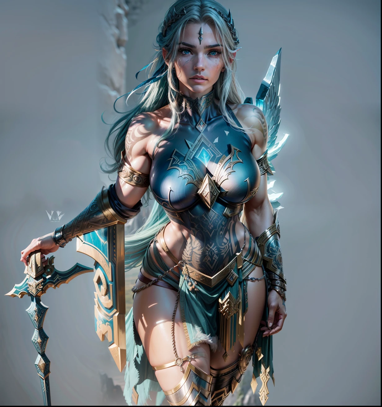 Asgard,valkyrie,Senhora Cavaleiro,Anatomia correta,epic fantasy digital art,tmasterpiece,8k,high-definition resolution,desenho detalhado,Qulidade Superior,, Epic composition, músculous body, tatuagem no ombro