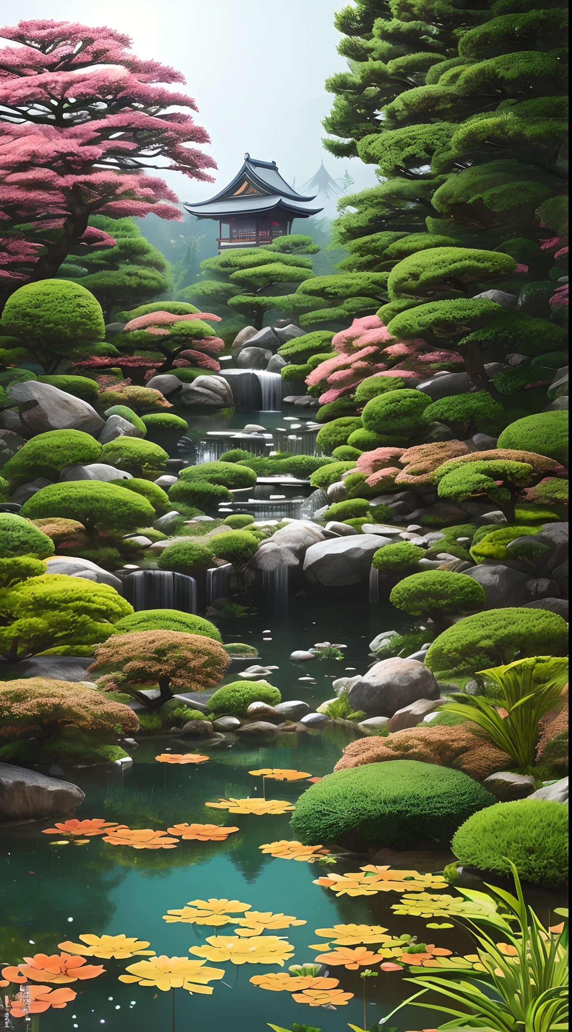 japanese dwarf pine, (ikebana:1.1), japanese pond and garden on background, by charlotte grimm, japanese garden, sci-fi, cyberpunk, intricate, highly detailed, digital painting, artstation, illustration, art by artgerm and alphonse mucha, vibrant volumetric lighting