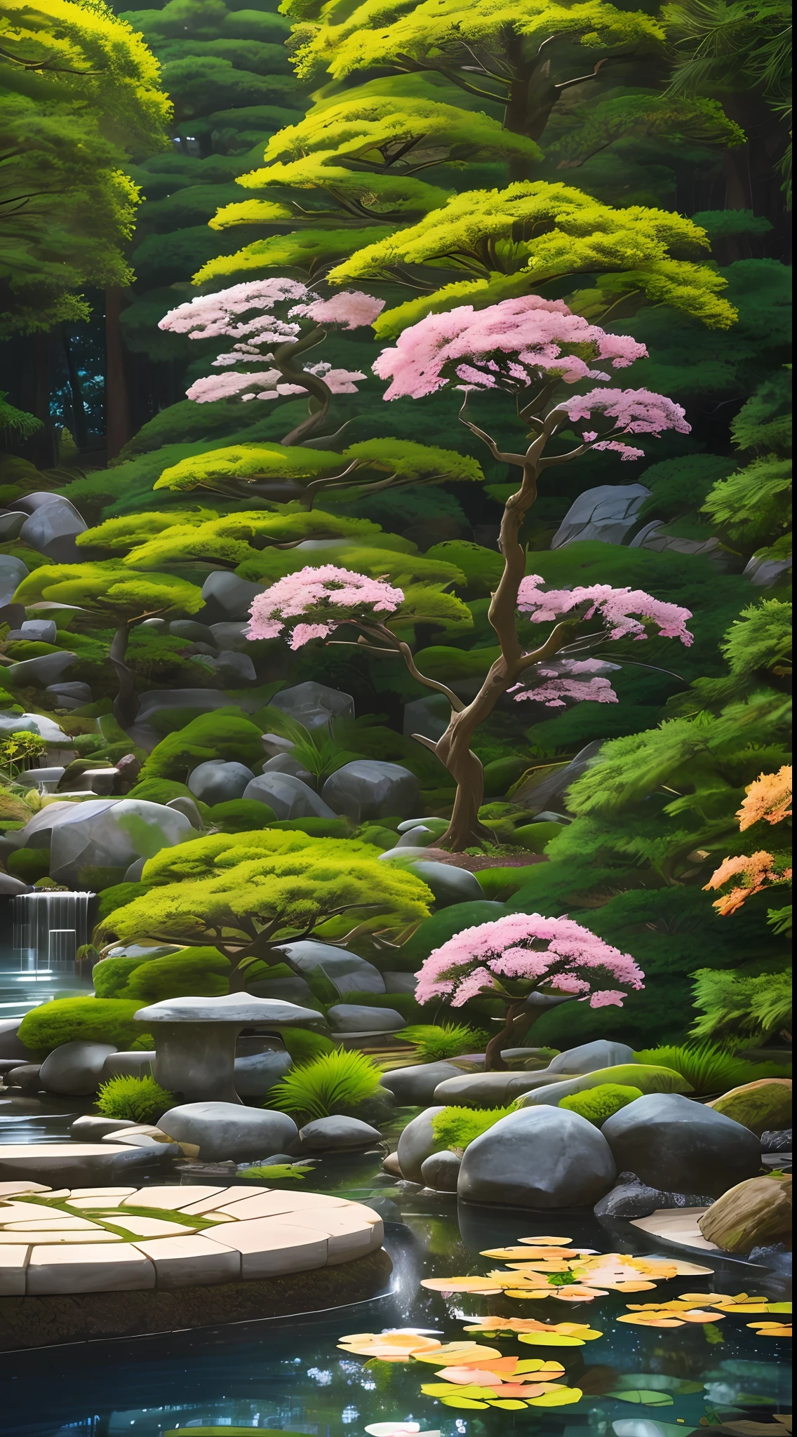 japanese dwarf pine, (ikebana:1.1), japanese pond and garden on background, by charlotte grimm, japanese garden, sci-fi, cyberpunk, intricate, highly detailed, digital painting, artstation, illustration, art by artgerm and alphonse mucha, vibrant volumetric lighting