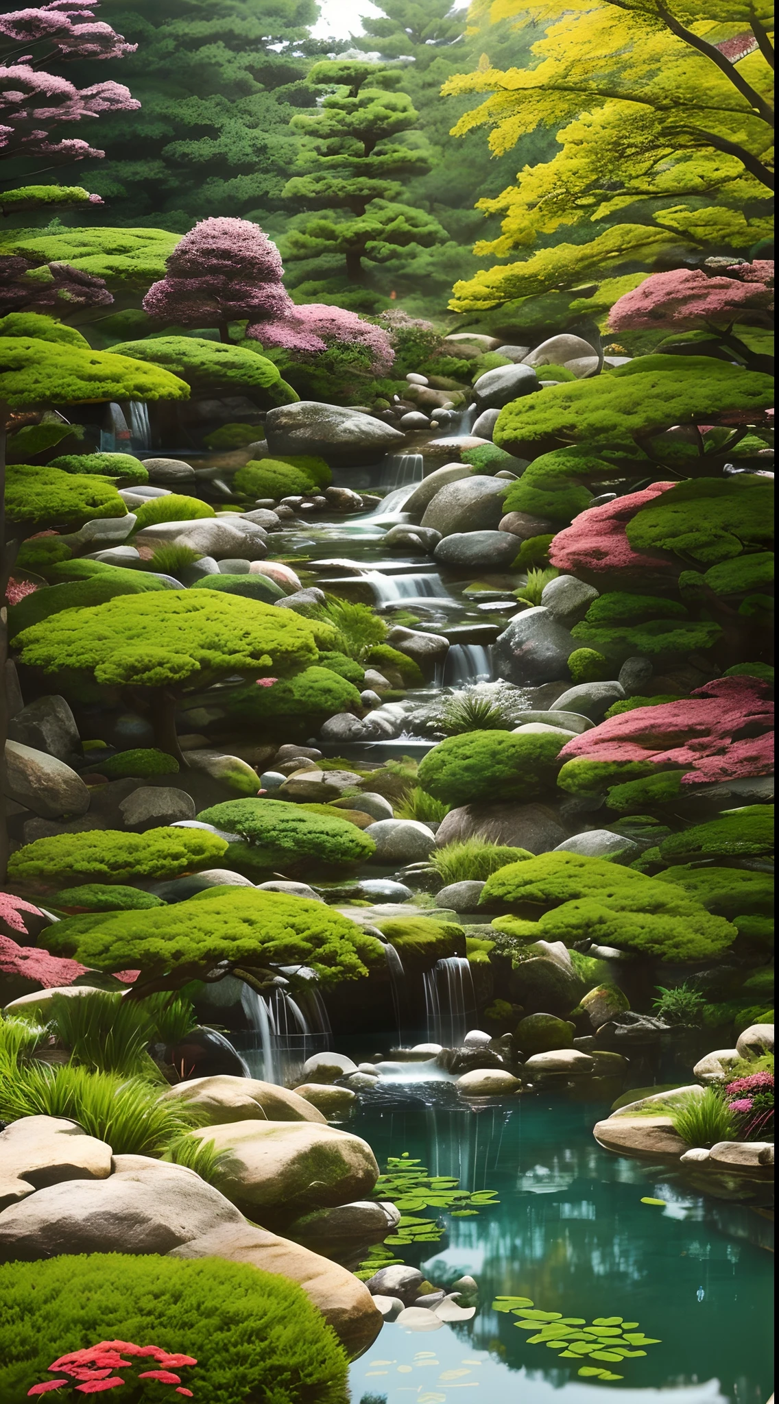 japanese dwarf pine, (ikebana:1.1), japanese pond and garden on background, by charlotte grimm, japanese garden, sci-fi, cyberpunk, intricate, highly detailed, digital painting, artstation, illustration, art by artgerm and alphonse mucha, vibrant volumetric lighting