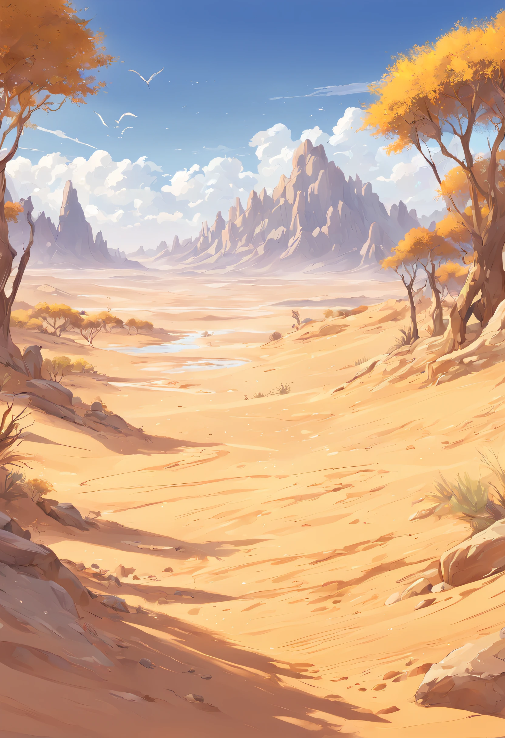 Yellow sand in the sky，The background is a vast desert, Desert oasis，richcolors，digital landscape art, Detailed scenery —width 672, landscape artwork, environment design illustration, scenery art detailed, Desert oasis landscape, concept-art, 4k highly detailed digital art, 4 k digital painting, 4k digital painting, stunning digital illustration, Desert background, digital painting concept art, Detailed digital painting