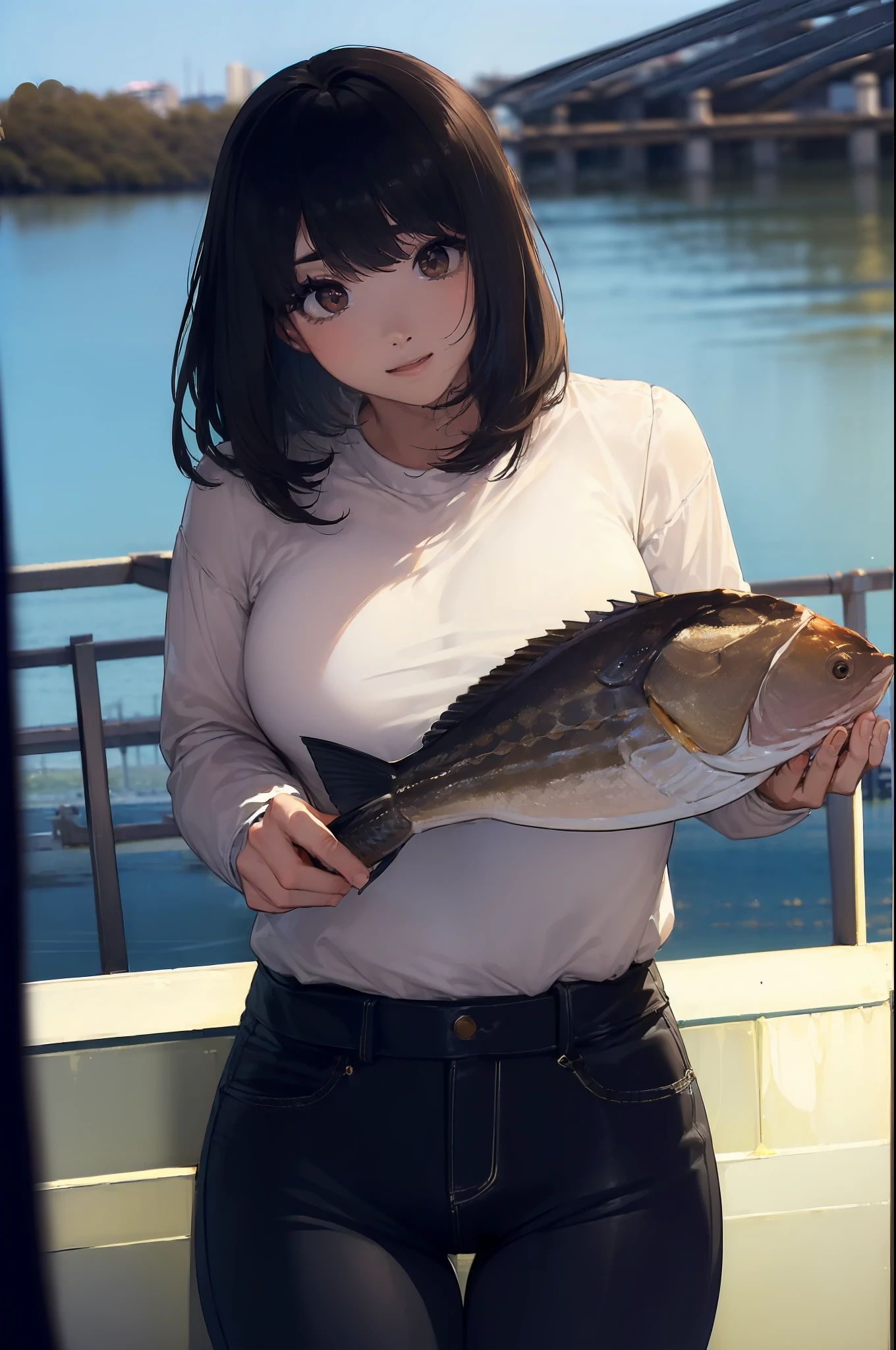 ((((Catch a big black bass by the lake:1.5)))),((Female 28 years old))((Best Quality:1.5)),(((Hands with the correct number and structure of fingers:1.4))),((Big fish:1.37)),hight resolution,ultra-detailliert,masterpiece,best qualtiy,Eight-headed body,Black hair, long eyeslashes, Solid Circle Eyes, drop shadow, Atmospheric perspective,Super Detail, ccurate, small brest,(Jackets and jeans :1.1),top-quality, blurry backround, bokeh dof:1.2, (masterpiece:1.3), Atmospheric perspective,Super Detail,dynamic compositions,top-quality、masterpiece、Very beautiful CG、finely detail、masterpiece