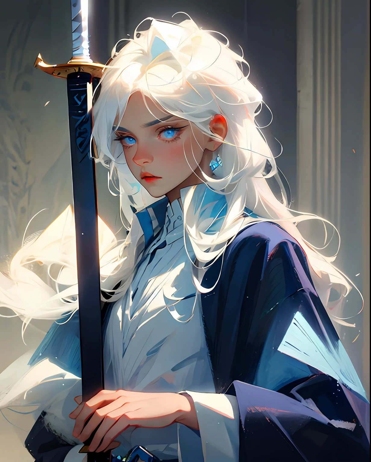 Boy with white hair, Blue eyes and white eyelashes，holdingsword